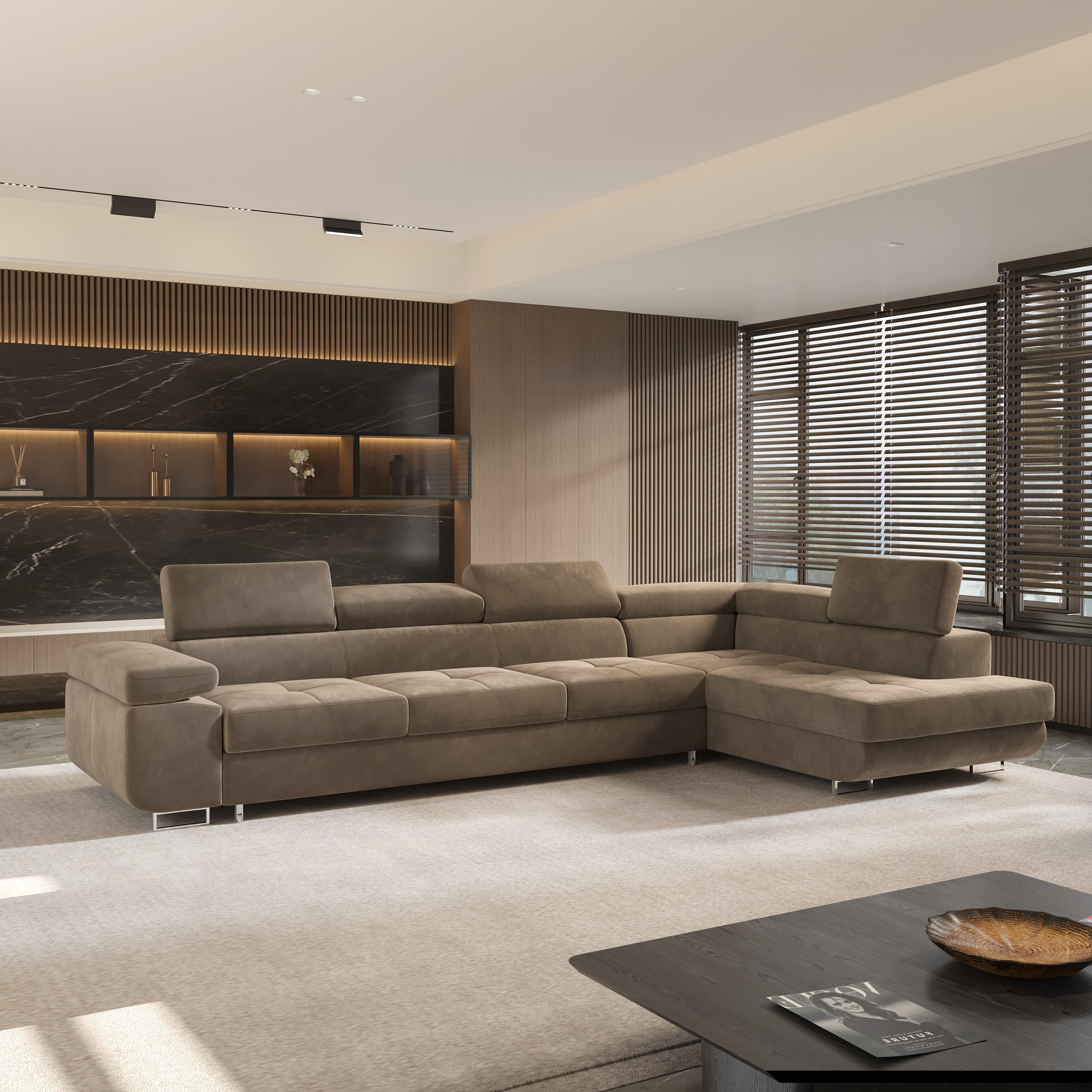 ECKSOFA VICENTE Beige Velours-Stoff mit Schlaffunktion - Beige, Holz (346/202cm) - MASSENO