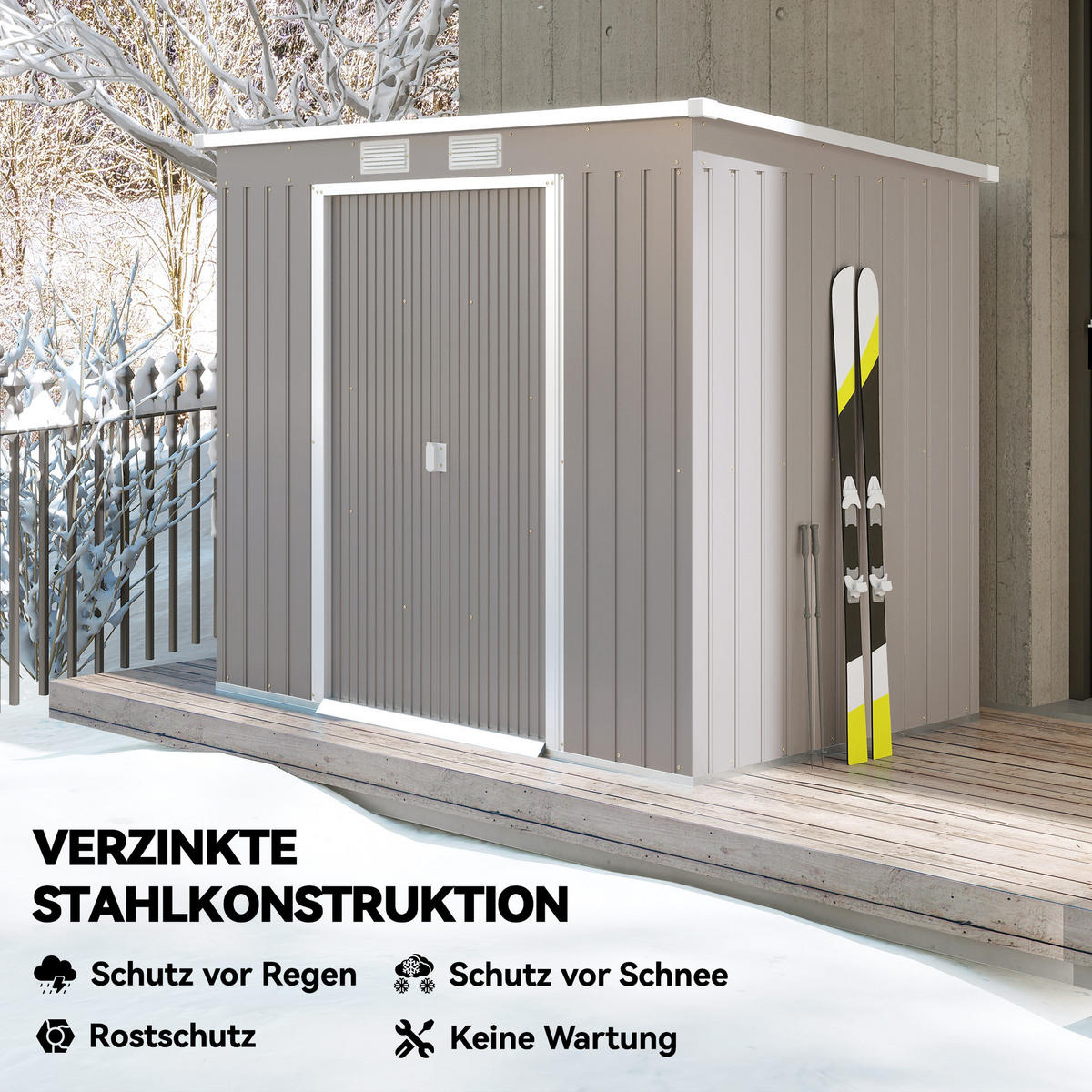 METALL Gerätehaus 2,42 m², Geräteschuppen mit Pultdach Doppelschiebetür - Hellgrau, Metall (130/172/213cm) - Outsunny