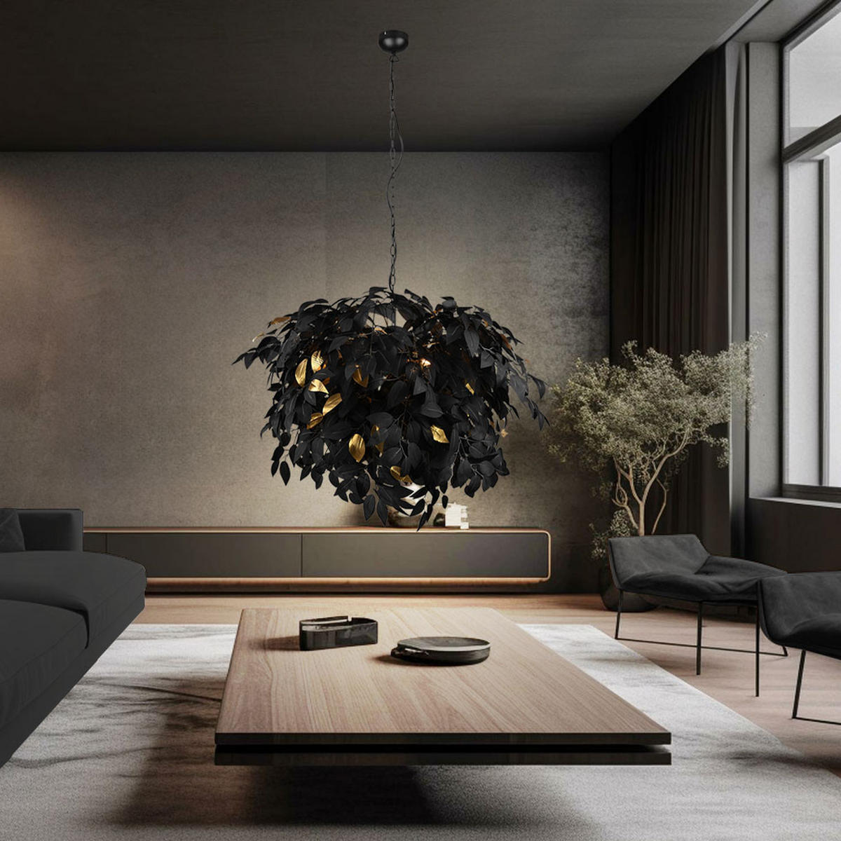 HÄNGELEUCHTE Blätter Schwarz Gold - Schwarz, Metall (70/70/150cm)