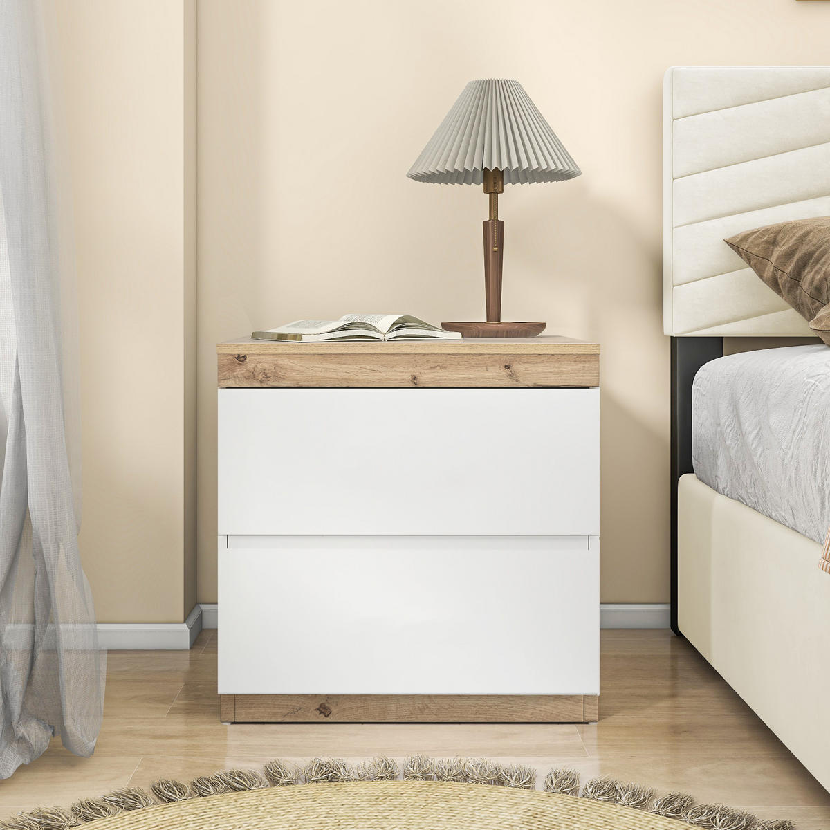 NACHTTISCH Nachtschrank mit 2 Schubladen – Nachtkommode mit Stauraum, für Schlafzimmer, E1-Spanplatte, Weiß/Oak - Weiß, Holz (53/36/50cm) - Ej. Life