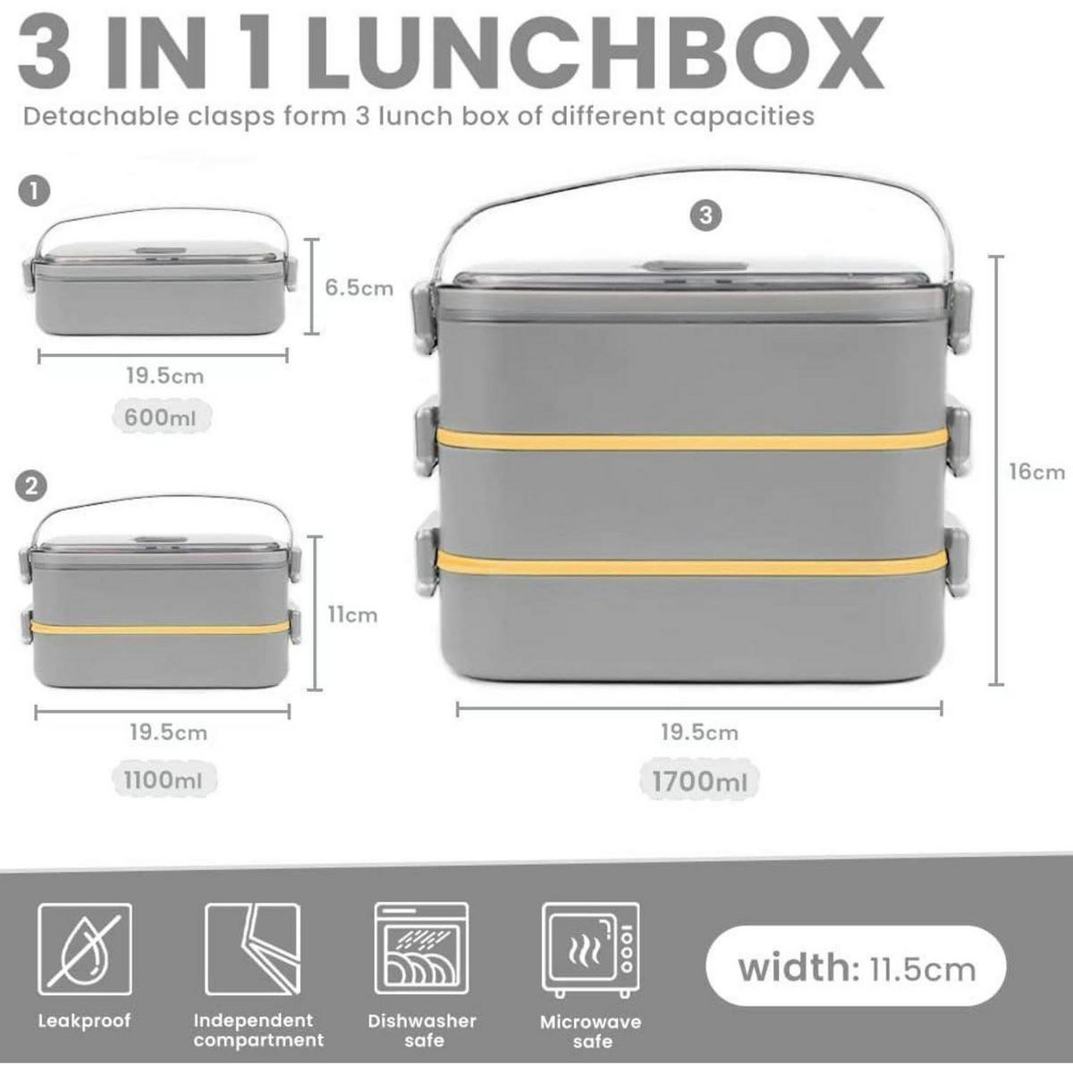 BENTO Box Edelstahl 1700 ml Grau mit Besteck - Grau, Metall (19.5/16/19.5cm)