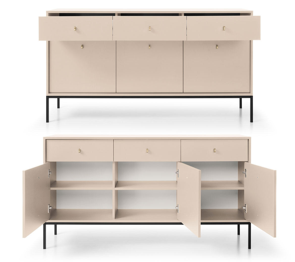 Thumbnail - Feldmann-Wohnen Sideboard, Beige, Schwarz, Holz, 3 Fächer, 3 Schubladen, Rechteckig, 153x83x39 cm, Wohnzimmer, Kommoden ...