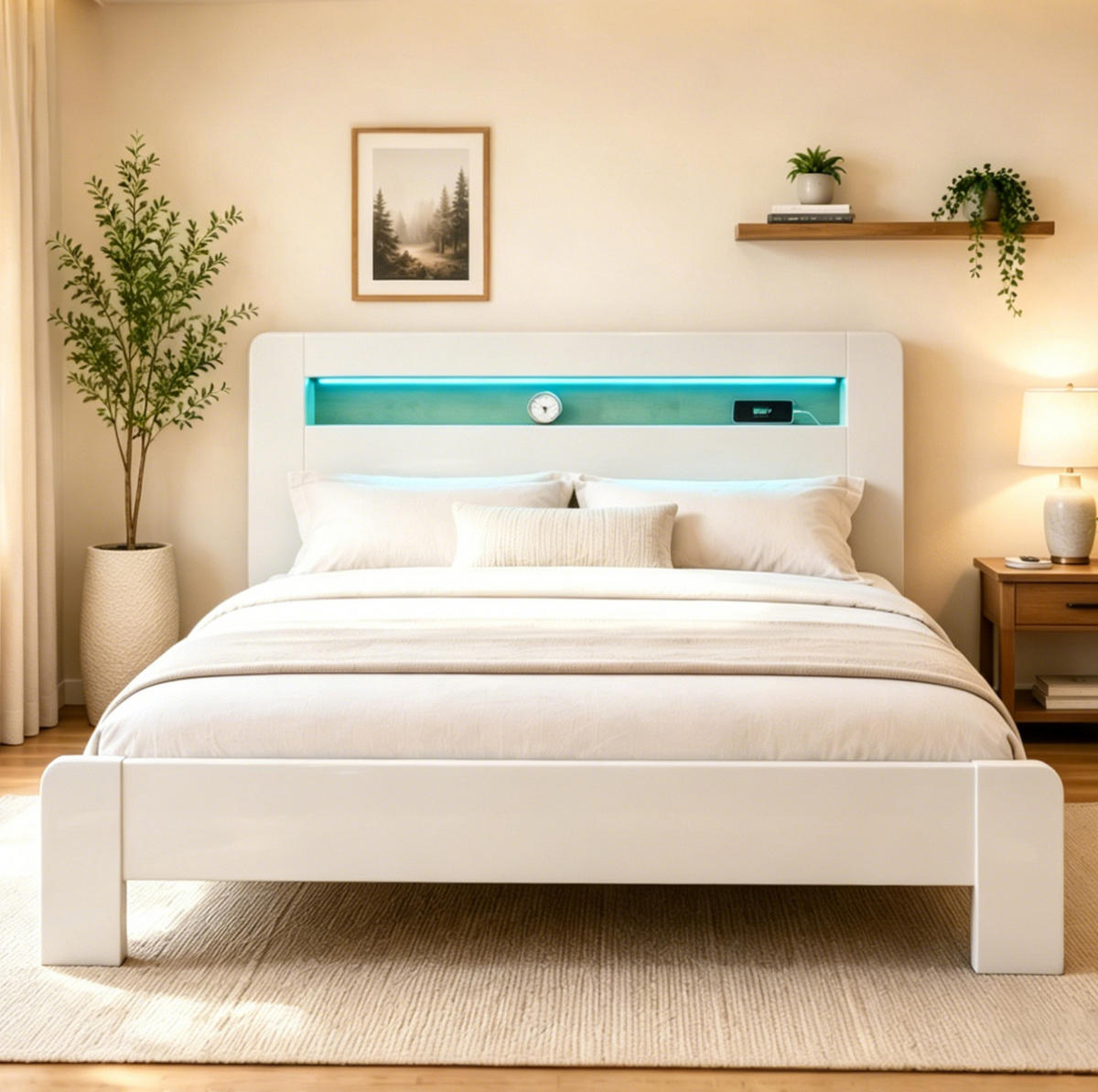STAURAUMBETT 180/200 cm Weiß aus Holz mit LED und Kopfteil mit Stauraum - Weiß, Holz (180/200cm) - MIVRAY