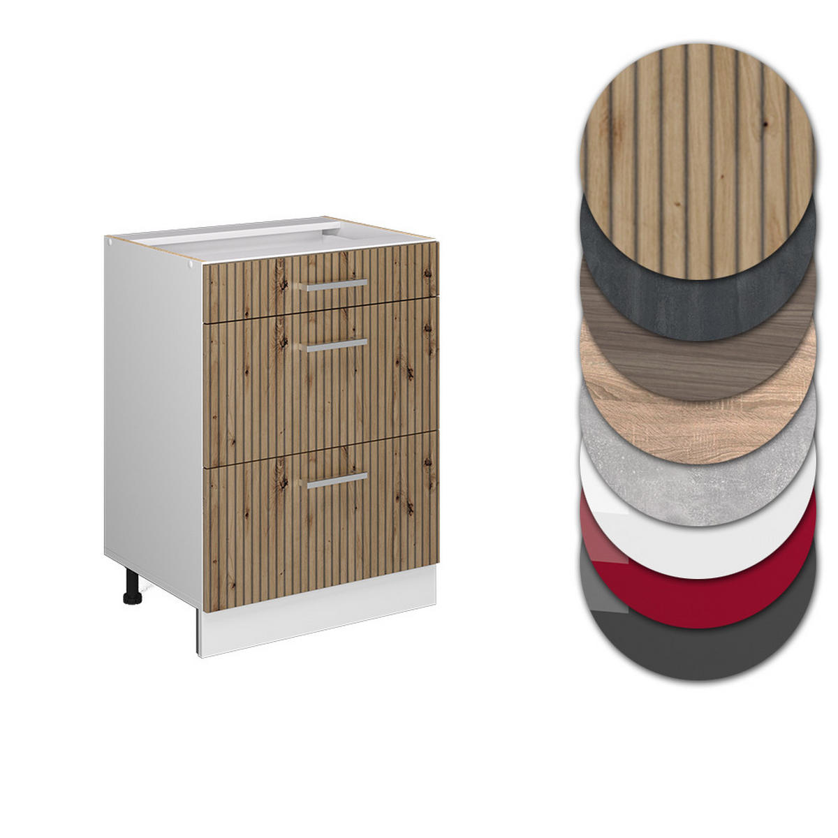 KÜCHENSCHRANK R-Line Artisan-Eiche 60 cm mit Schubladen AP Marmor - Weiß/Eiche Artisan, Holzwerkstoff (60/81.6/60cm) - Vicco