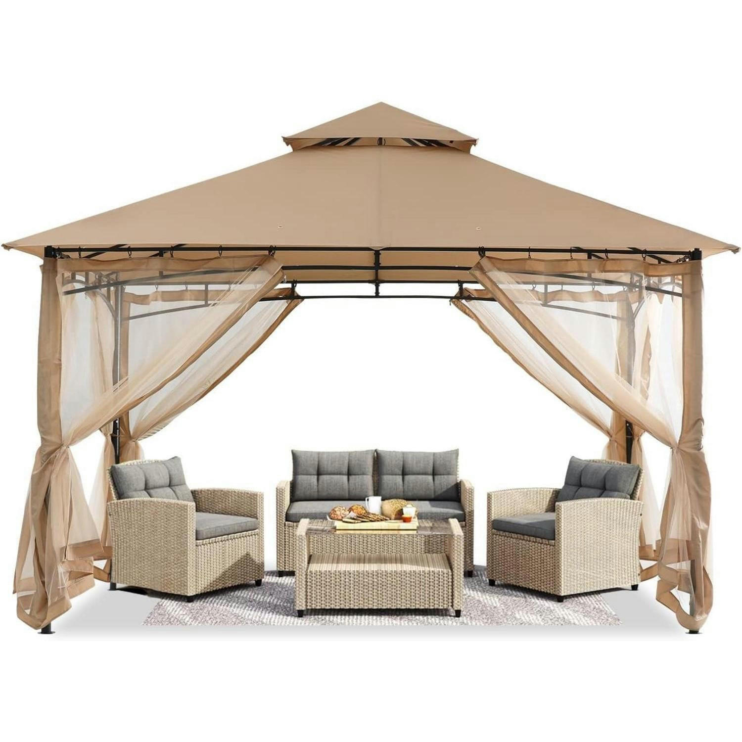 GARTENPAVILLON 2,4 m x 2,4 m mit Netz und Doppeldach Beige - Beige, Textil (274.3/280.4/274.3cm)