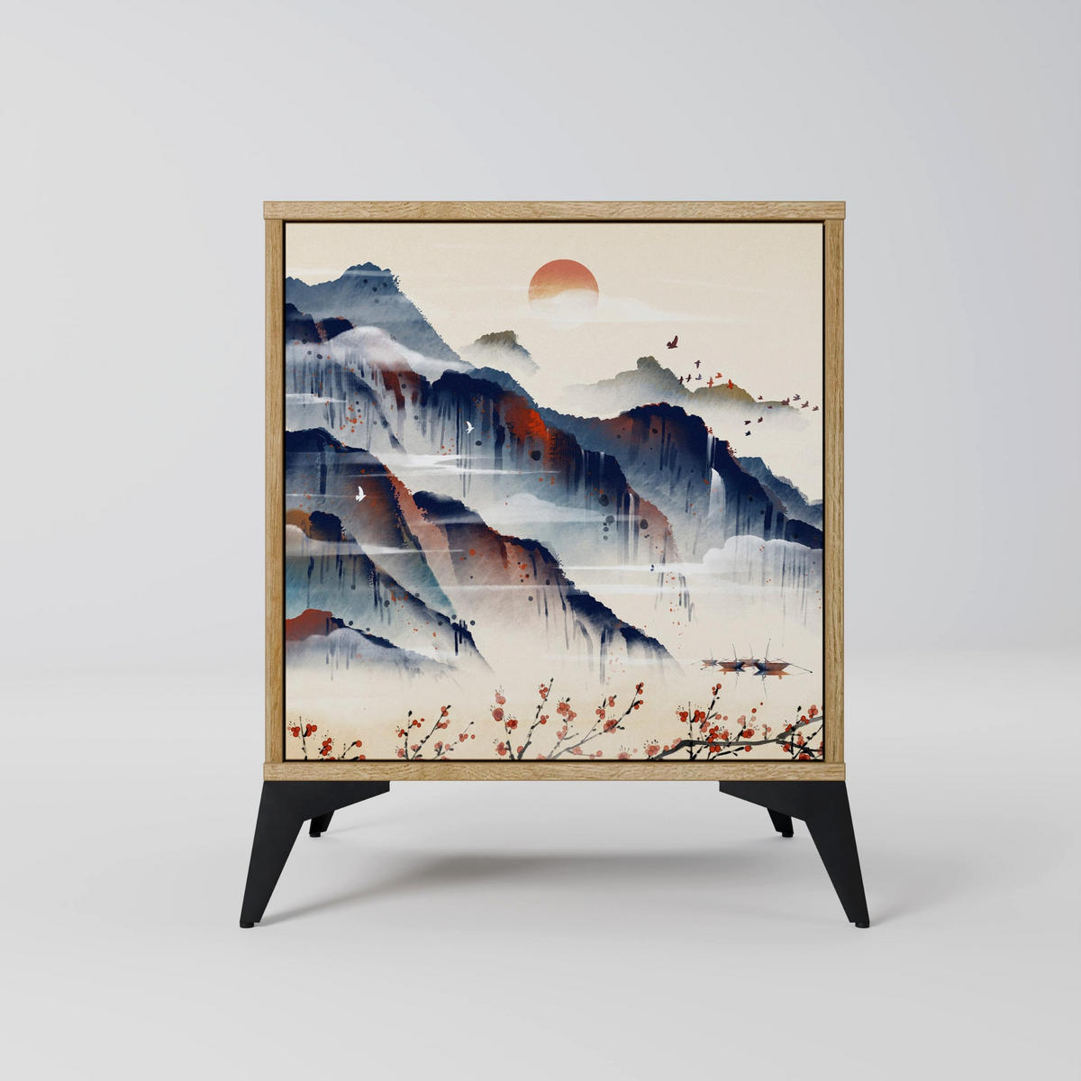 SIDEBOARD JAPANESE LANDSCAPE, Eichefarben, 57,5x42x72,5 cm, Schwarze Metallfüße - Eichefarben/Multicolor, Holzwerkstoff/Metall (57.5/72.5/42cm) - SpaceRebels