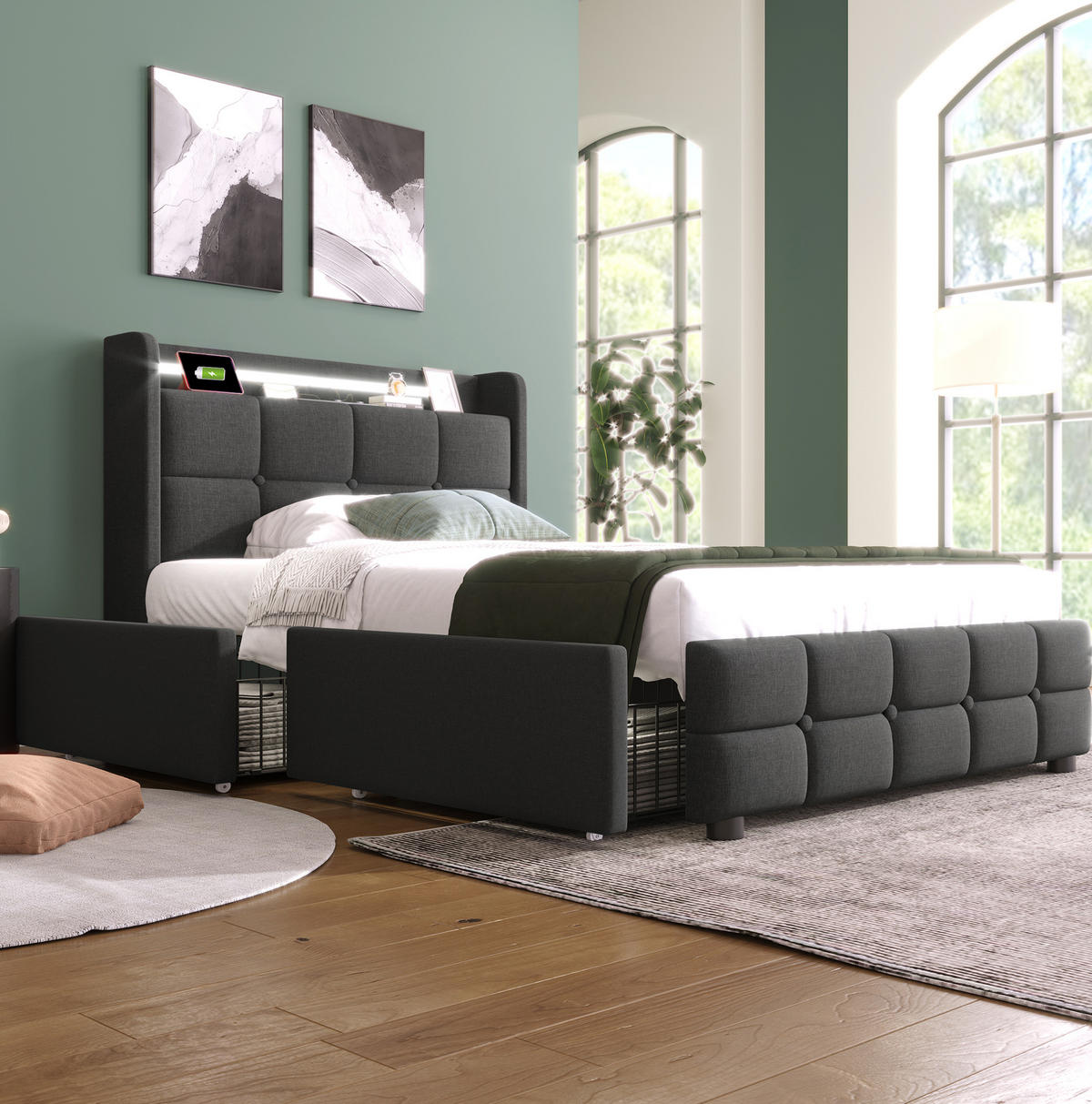 POLSTERBETT aus Holz 90x200 cm in Grau mit LED & Matratze - Grau, Holz (90/200cm) - Modfu