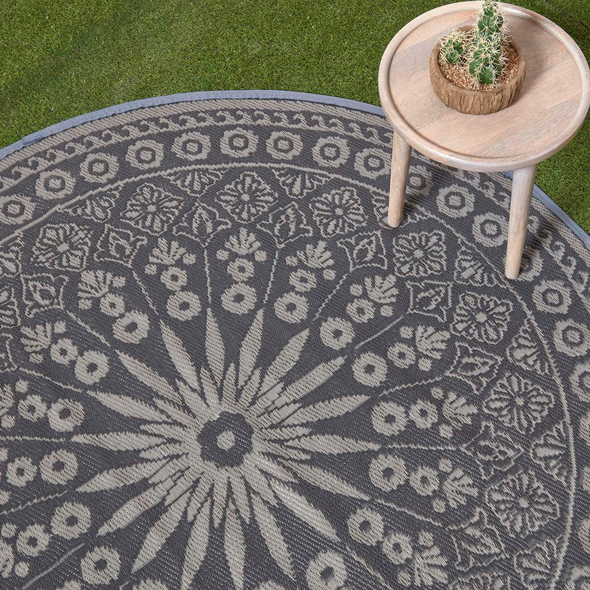 OUTDOORTEPPICH mit Mandala-Muster rund 170 cm - Dunkelgrau, Kunststoff (170/170cm) - Homescapes