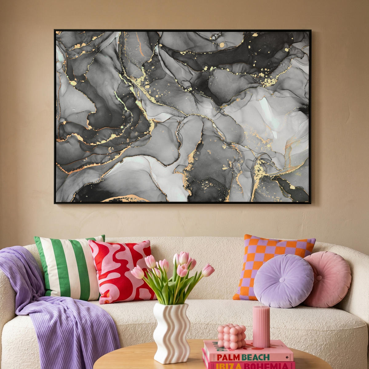 LEINWAND Bilder mit Rahmen - Grau - Luxus - Gold - Marmor - 120x80 - Dunkelgrau, Textil (120/80cm) - MuchoWow