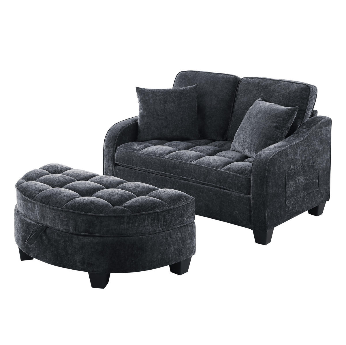 SOFA-BETT 132/129/93 cm aus Eukalyptusholz mit Aufbewahrungshocker Schwarz - Schwarz, Holz (129/93/132cm) - Modenvie