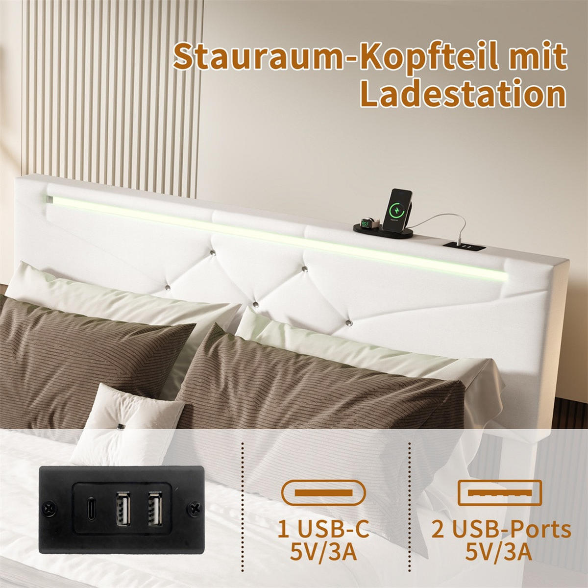 POLSTERBETT 140x200 cm mit LED-Beleuchtung&USB-Ladefunktion -höhenverstellbarem Kopfteil und hydraulischem Stauraum - Beige, Textil (140/200cm) - DELFA