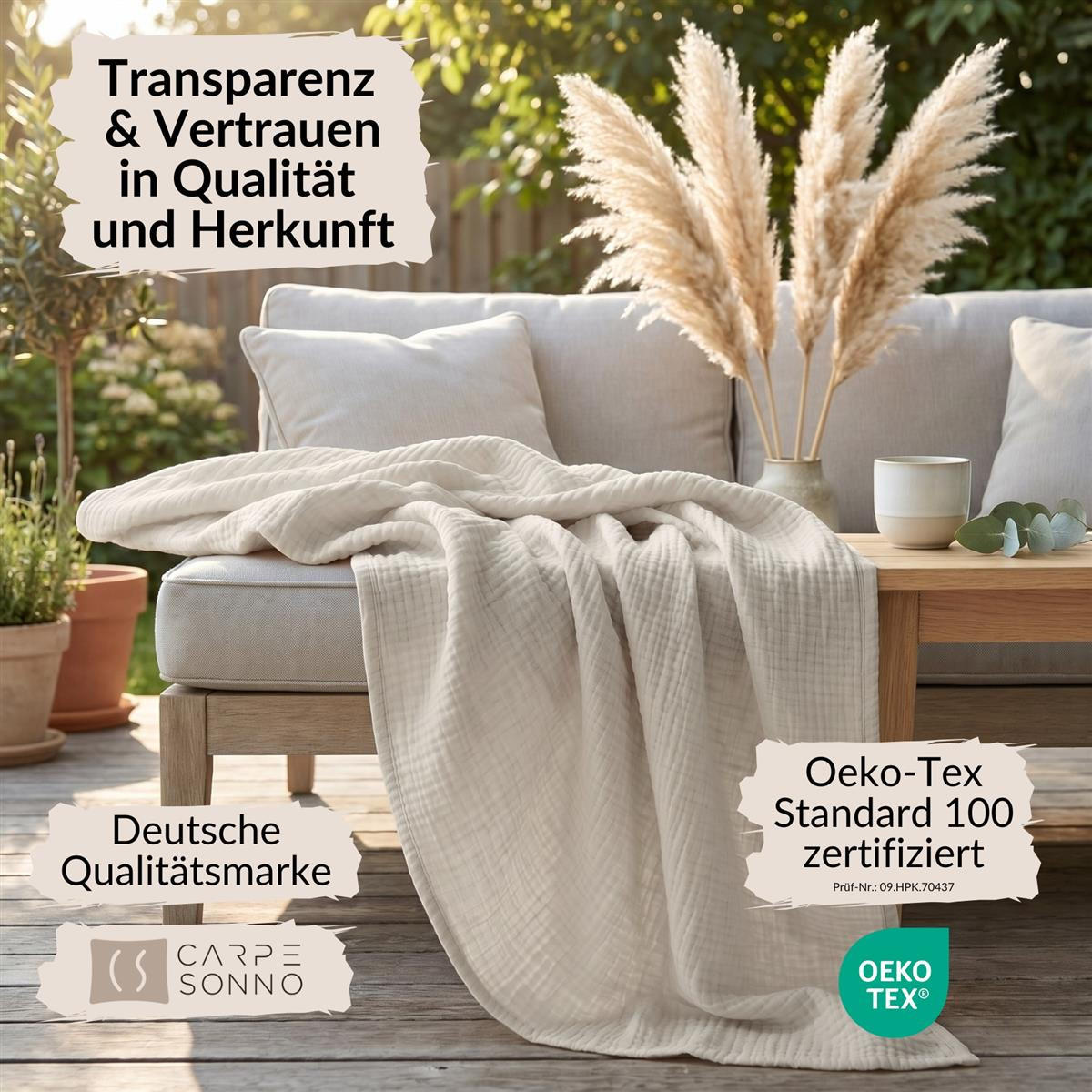 WOHNDECKE Musselin 150 x 200 cm, Leichte Kuscheldecke aus 100% Baumwolle - Nutzbar als Tagesdecke, Plaid oder Decke für Sofa, Couch & Bett - Beige - Beige, Textil (150/200cm) - Carpe Sonno