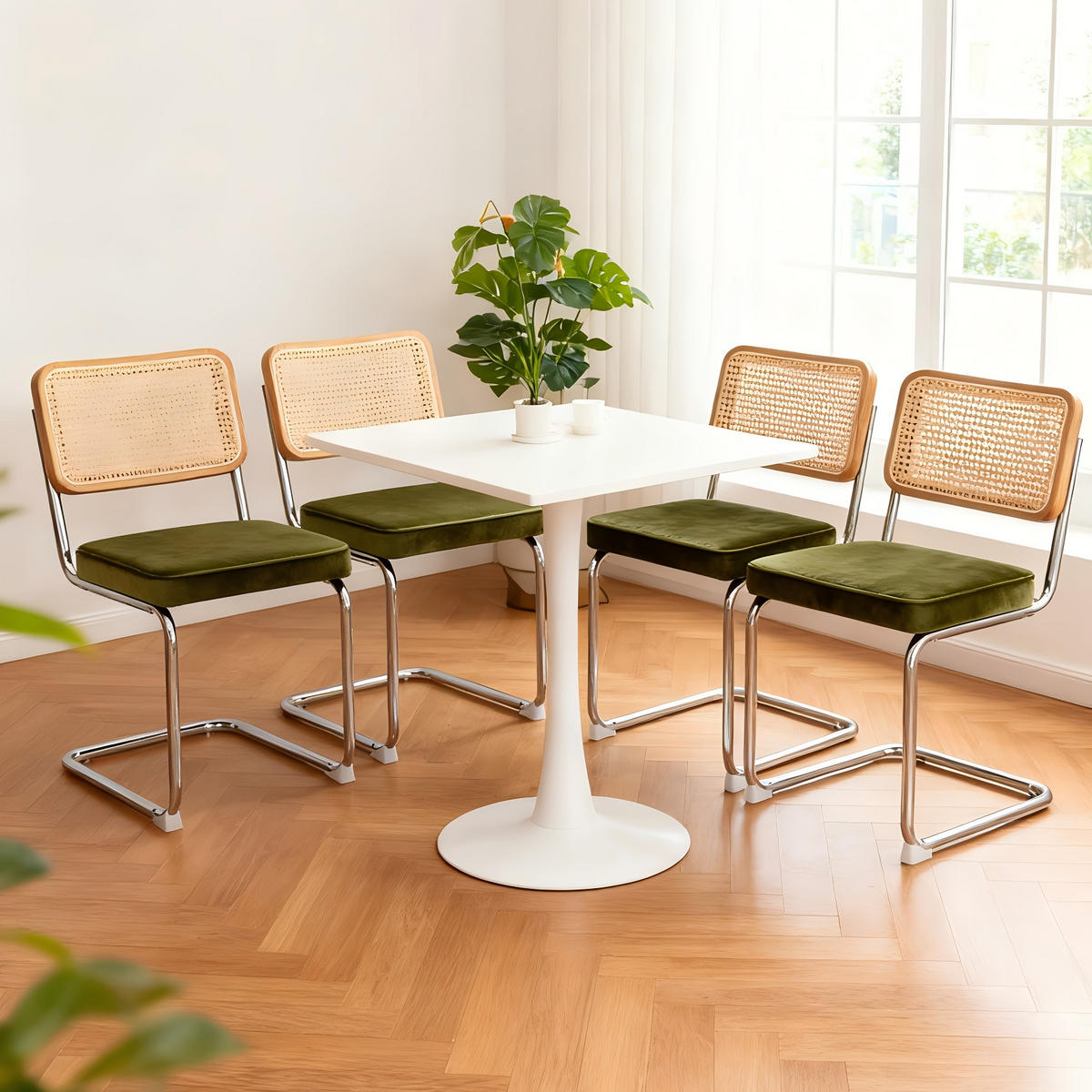 SCHWINGSTUHL DE-36914 4er-Set mit Samtbezug und Rattan-Rückenlehne Grün - Grün, Metall (46.4/84.6/53cm) - ComfortXL