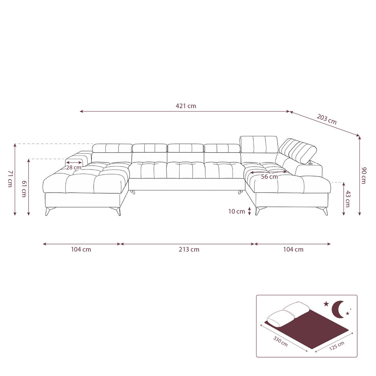ECKSOFA PUDDING MAXI U Rechts mit Schlaffunktion 125x330 Velours Dunkelgrau - Dunkelgrau/Schwarz, Holz/Textil (421/203cm) - Muffo