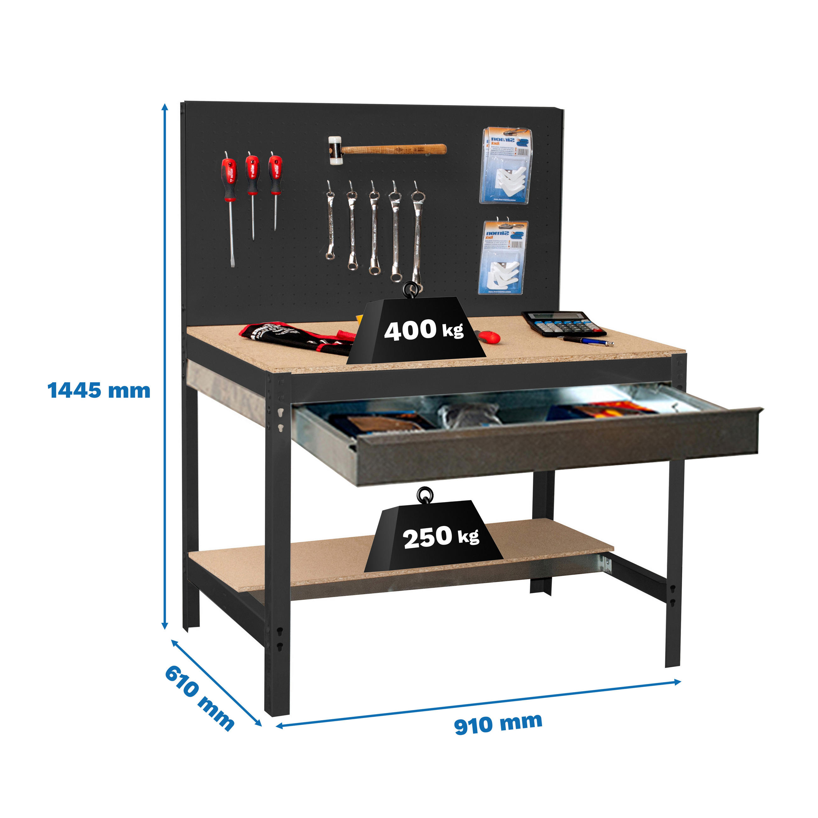 WERKBANK BUFFALO mit Werkzeugwand und Schubfach | HxBxT 84x90x61cm | Traglast 400kg | Anthrazit - Grau, Metall (90/84/61cm) - PROREGAL
