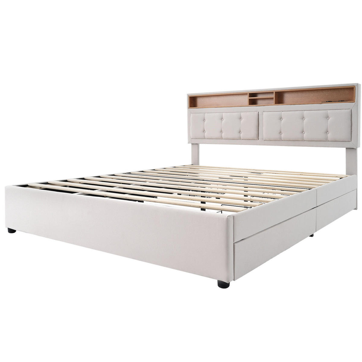 ČALOUNĚNÁ postel 140/200 cm béžová z lnu s matrací úložnými zásuvkami a USB/Typ-C - béžová, textil (140/200cm) - OKWISH