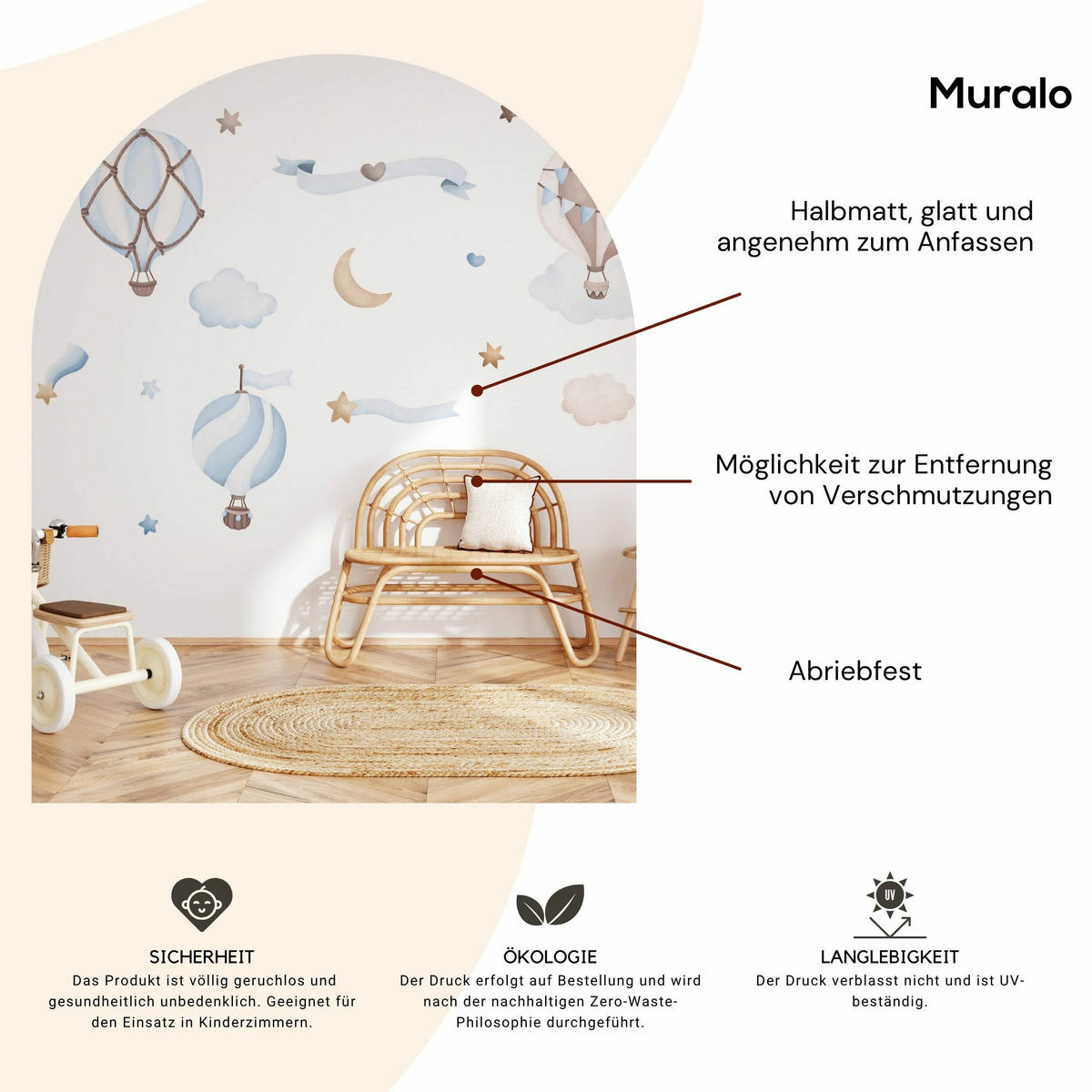 STICKER SET für Kinder blaue Luftballons Wolken Sterne Boho 60x30 - Beige/Braun, Papier (60/30/1cm) - Muralo