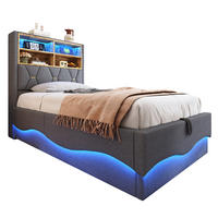 KINDERBETT 90x200 Grau Leinen LED Stauraum - Grau, Metall (90/200cm) - FLIEKS