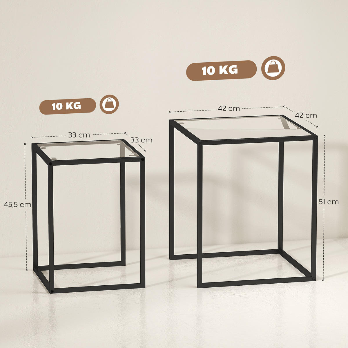 BEISTELLTISCH 2er Set Stahl Hartglas Schwarz - Schwarz, Metall (42/42/51cm) - HOMCOM