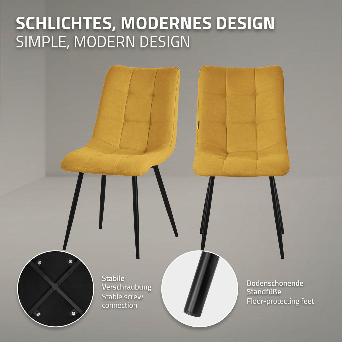 ESSZIMMERSTUHL 6ER-SET Senfgelb Stoffbezug - Dunkelgelb/Schwarz, Textil/Metall (49/89/60.5cm) - ML-DESIGN