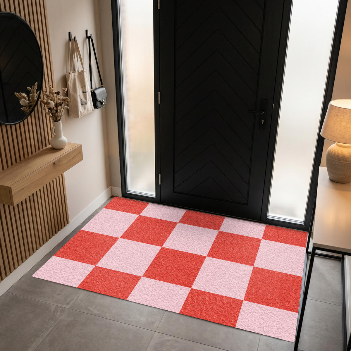 FUSSMATTE Schachbrettmuster - Rot - Rosa - Würfel Türmatte 180x120 cm - Rot, Kunststoff (180/120cm) - MuchoWow