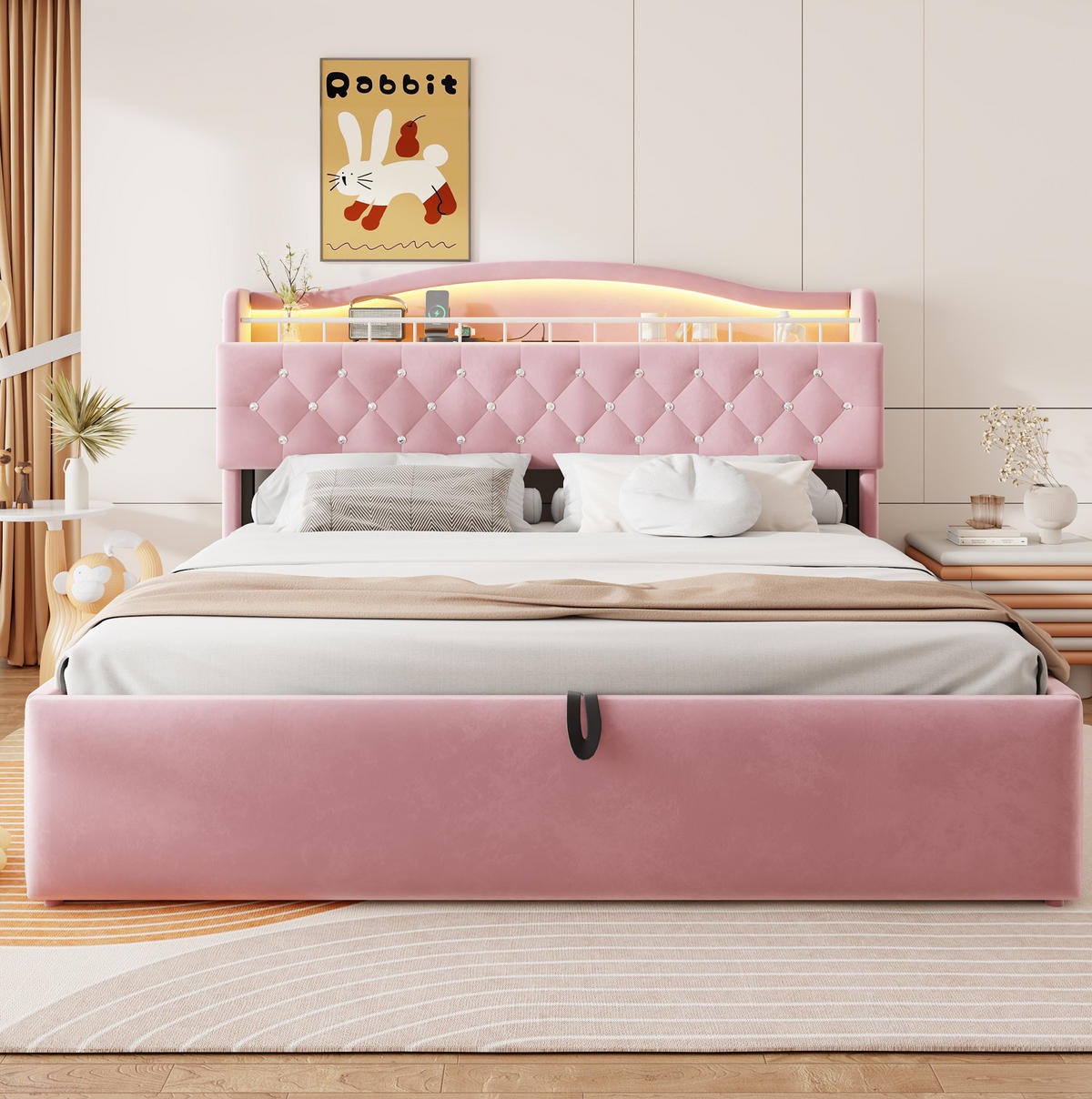 POLSTERBETT 180/200 cm aus Samt und Metall mit Stauraum Rosa - Pink, Textil (180/200cm) - OKMYHOME