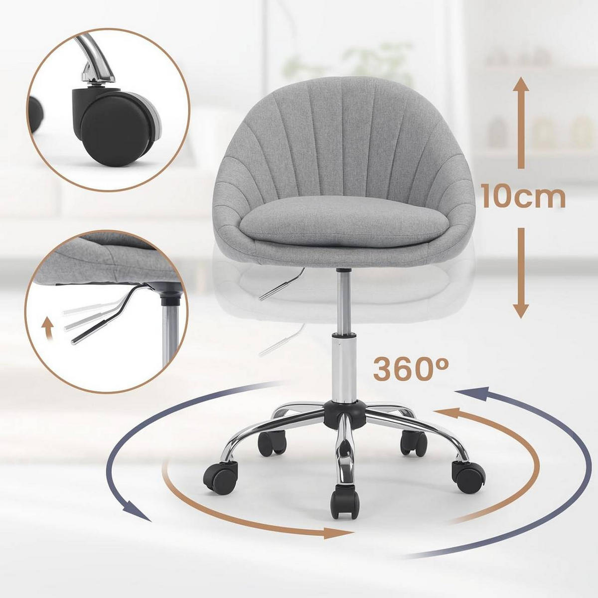 DREHSTUHL ergonomisch, Schminkstuhl, Samt, Grau - Schwarz/Grau, Textil/Metall (52/72/48cm) - Woltu