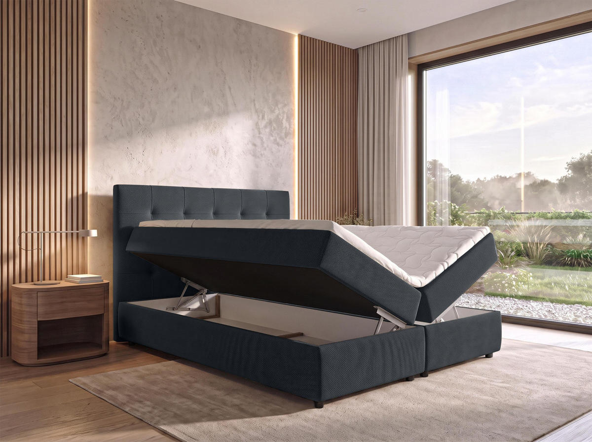 BOXBETT SAKARYA 160x200 cm mit Bettkasten und Matratze - Schwarz + TOPPER - Schwarz, Holz/Holzwerkstoff (160/200cm) - AX Living