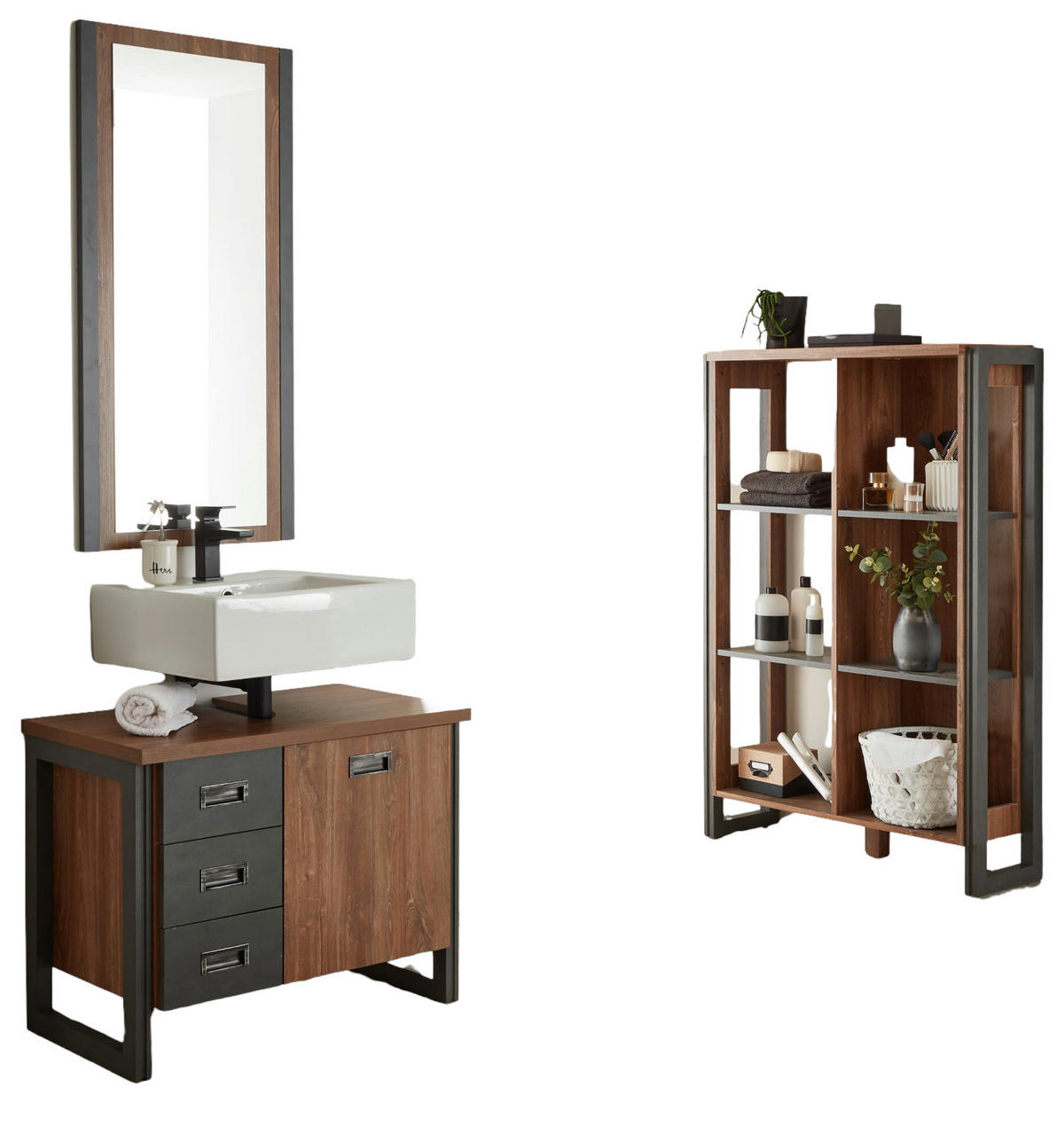 BADMÖBEL-SET 3-teilig Eiche Stirling, Matera grau, Badkombination 191 x 205 cm - Eichefarben/Grau, Holzwerkstoff (191/205/40cm) - Furn.Design