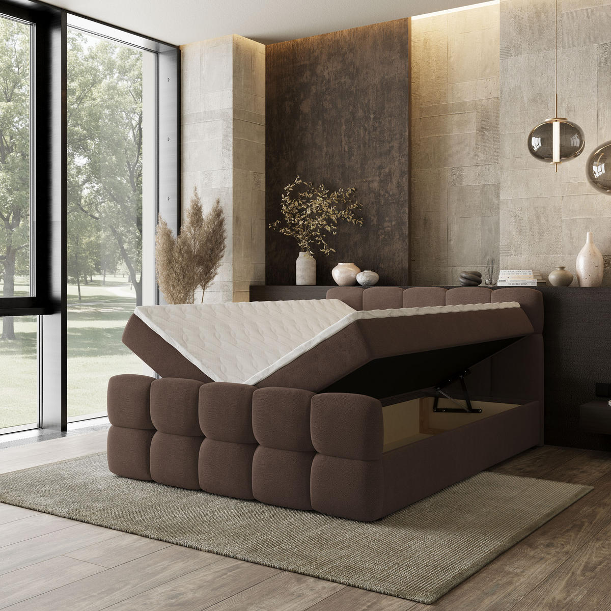 BOXBETT BRUME 160x200 cm mit Matratze und Topper, H2+H3 - Braun - Braun, Holz (160/200cm) - MASSENO