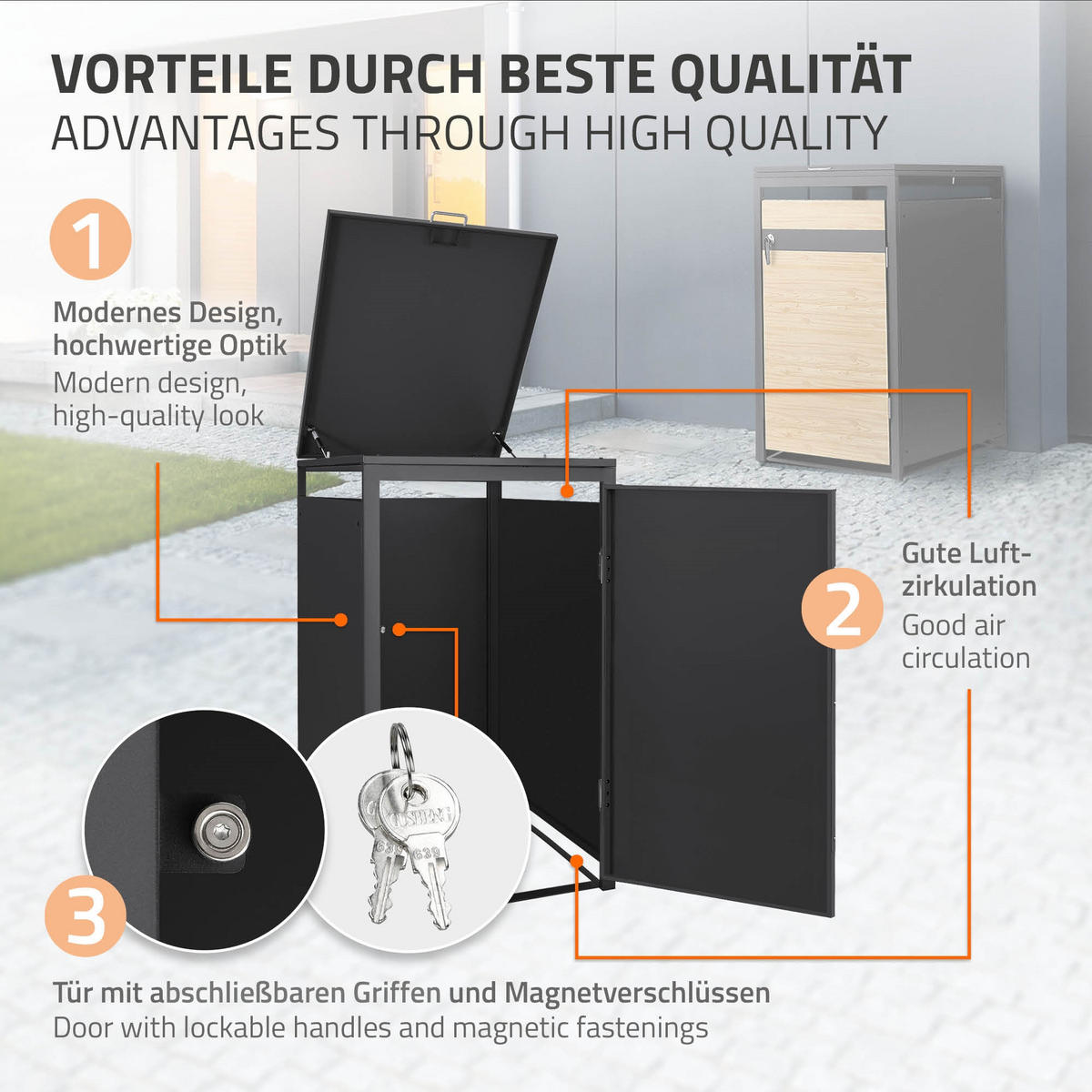 KONTEJNEROVÝ BOX na odpadky, 1 kus, antracit, vzhled dřeva - světle hnědá, kov (68/120/80cm) - ML-DESIGN