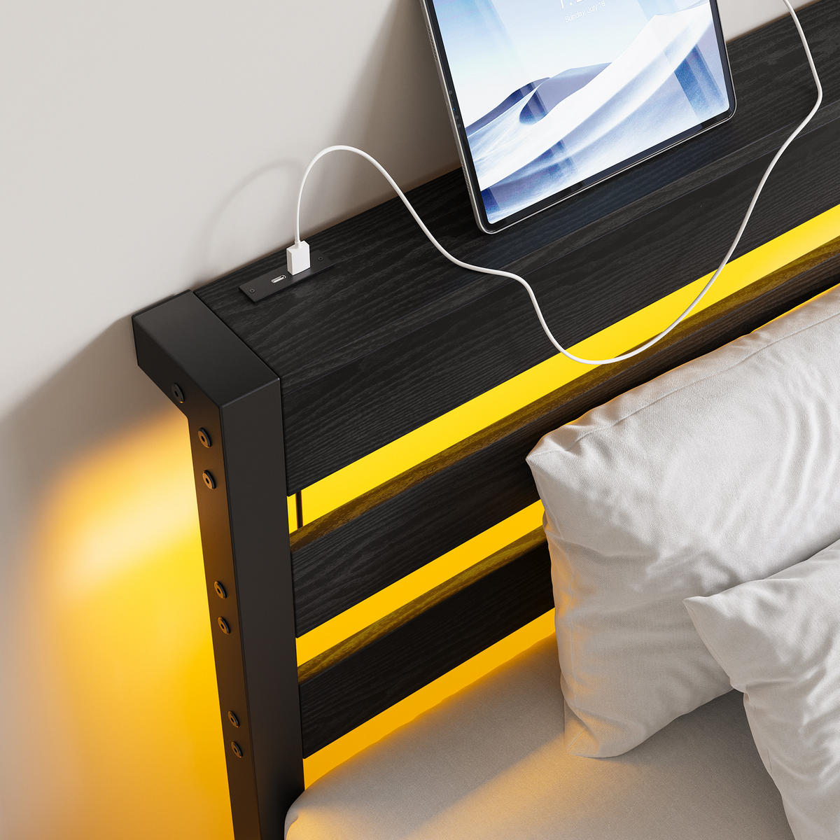 METALLBETT 90x200 cm LED USB Stauraum - Schwarz, Metall (90/200cm) - Fortuna Lai