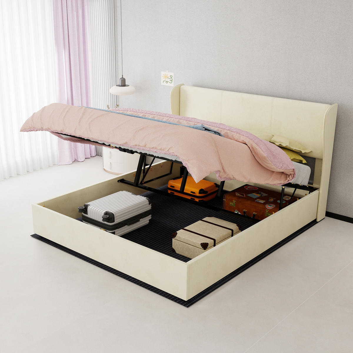 STAURAUMBETT 160/200 cm DE-35479 mit Gaslift-Staufach Beige - Beige, Metall (160/200cm) - ComfortXL