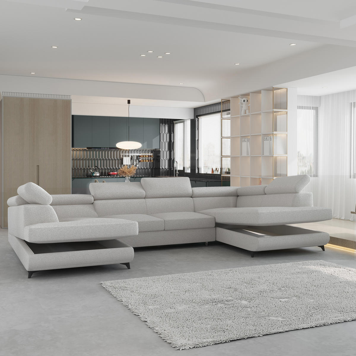 WOHNLANDSCHAFT VINTESSA Hellgrau Boucle-Stoff mit Schlaffunktion - Hellgrau, Holz (323/89/190cm) - MASSENO