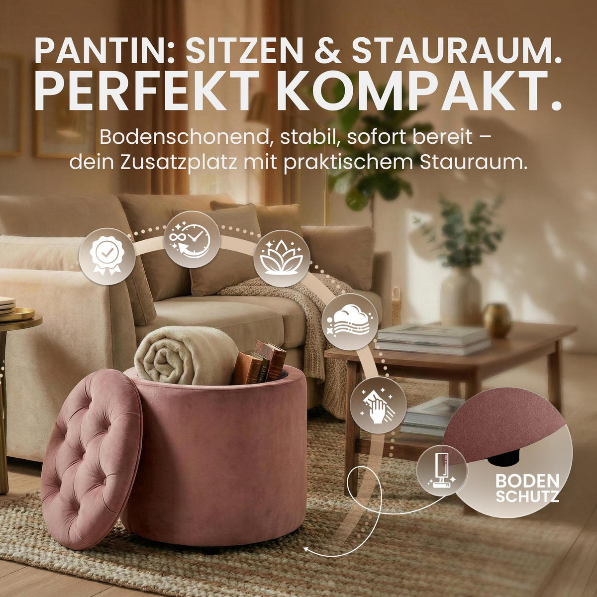 SITZWÜRFEL Samt Pink - Pink/Schwarz, Kunststoff/Textil (44/42/44cm) - CLP