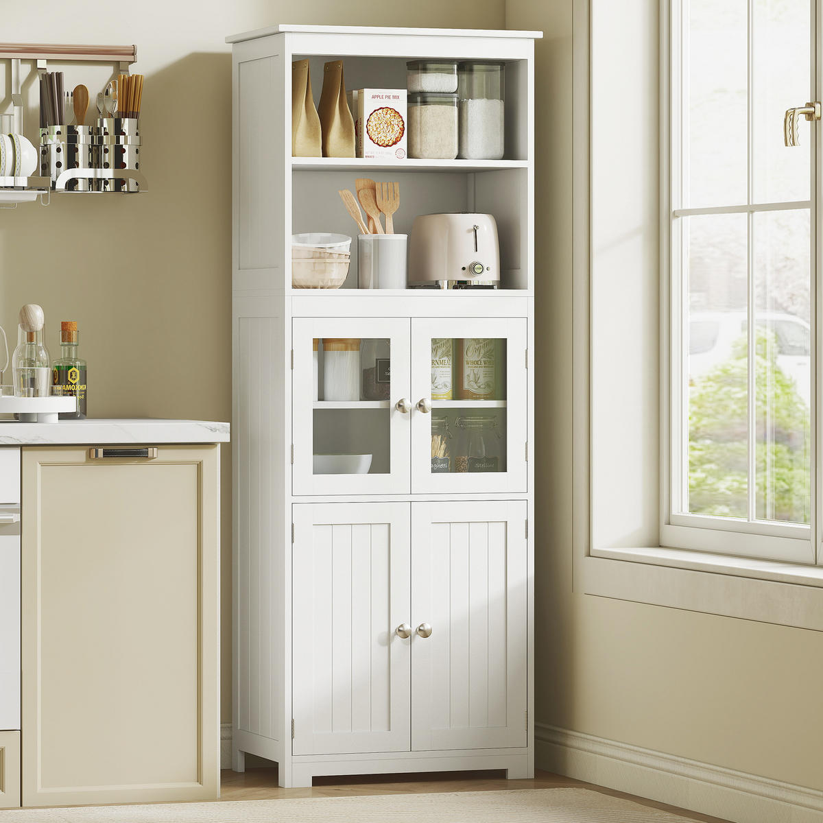 HIGHBOARD DE-11015 2 Nischen & 2 Glastüren mit verstellbaren Böden Weiß - Weiß, Holzwerkstoff (30/162/60cm) - ComfortXL