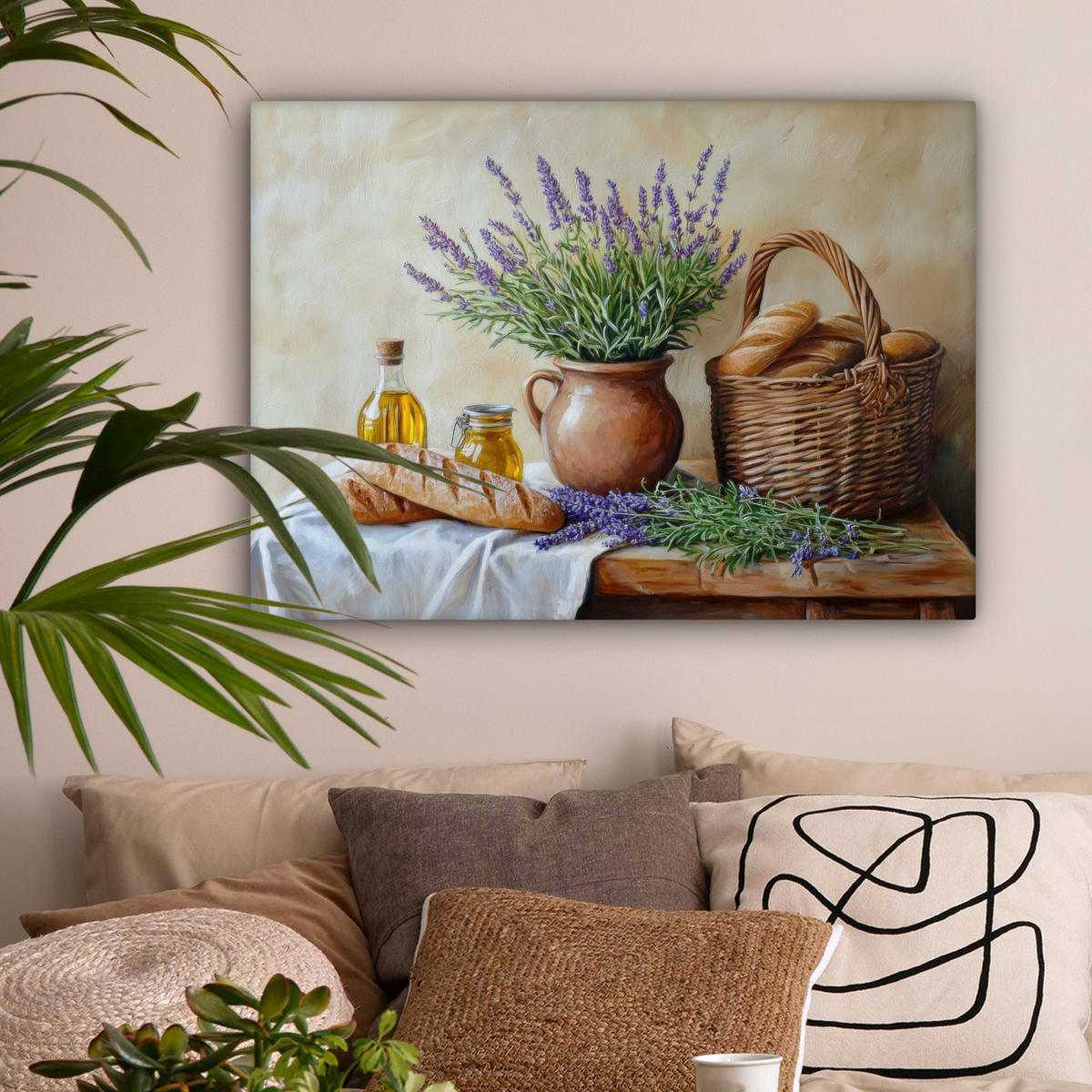 LEINWANDBILD Lavendel - Brot - Stilleben Wandbilder 80x60 cm - Flieder, Textil (80/60cm) - MuchoWow