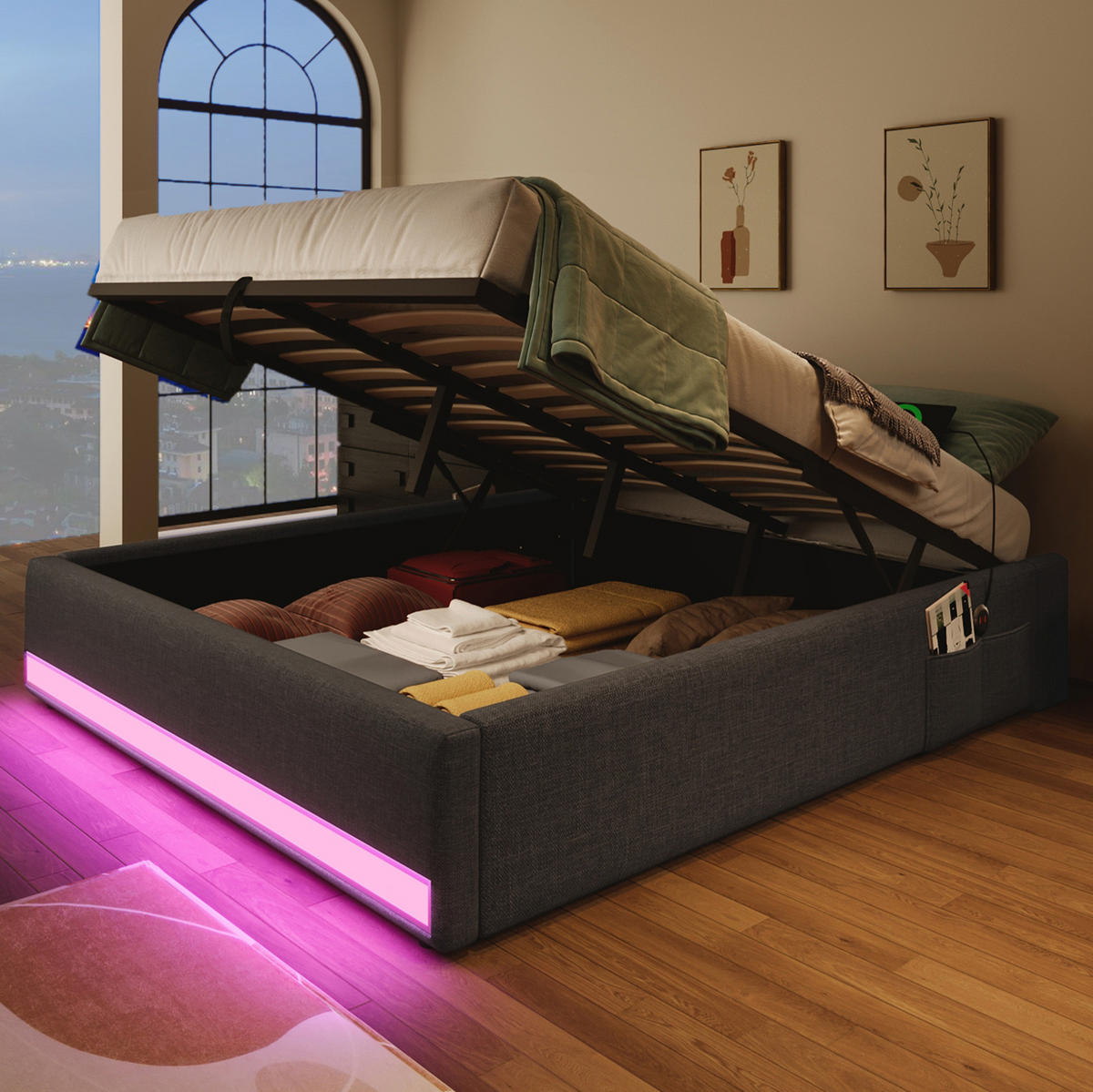 ČALÚNENÁ posteľ z ľanu 140x200 cm sivá s LED osvetlením, USB a Typ-C, hydraulickým úložným priestorom - sivá, textil (140/200cm) - Modfu