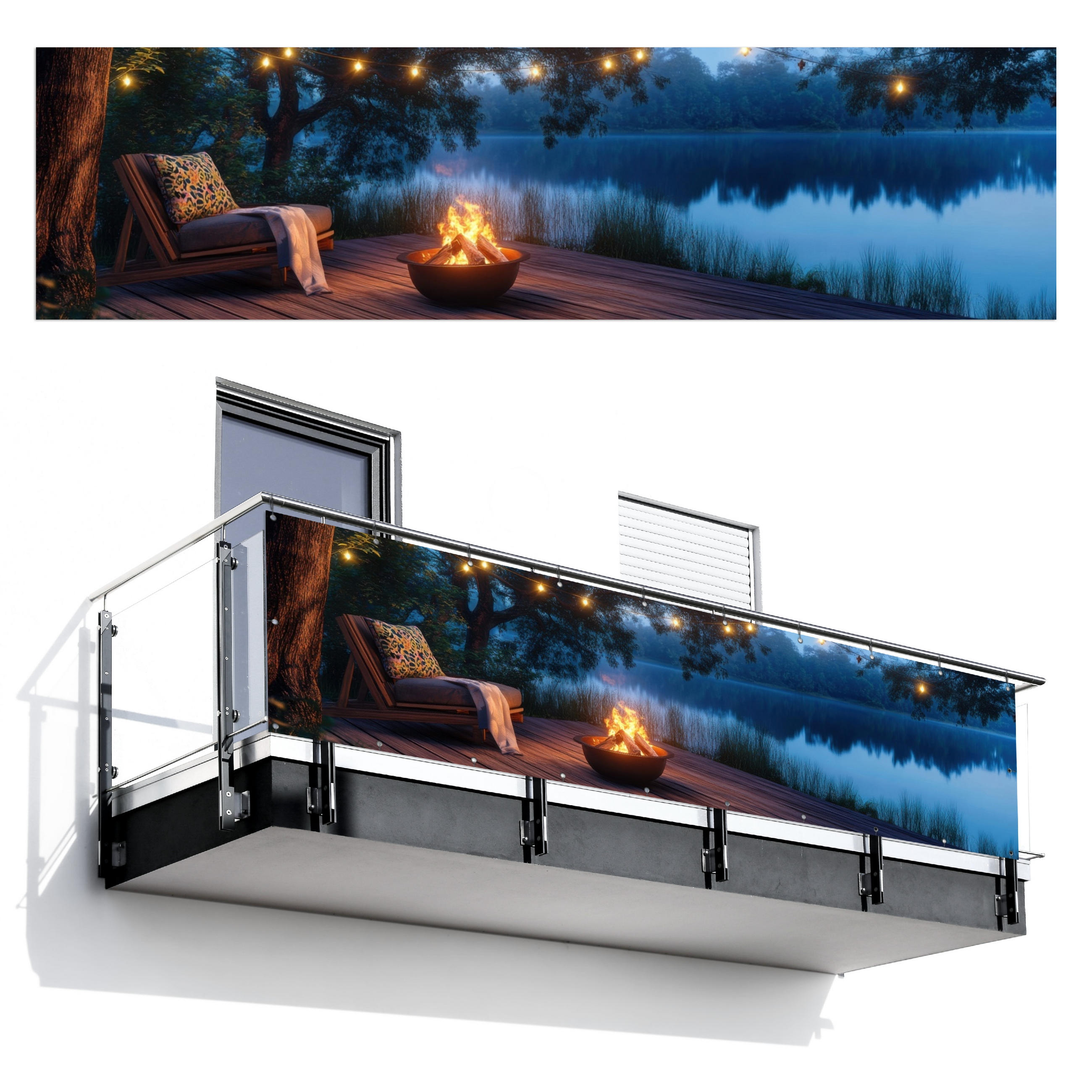 BALKON-SICHTSCHUTZ Lagerfeuer - See - Abendlicht - Dunkelblau, Kunststoff (300/80cm) - MuchoWow