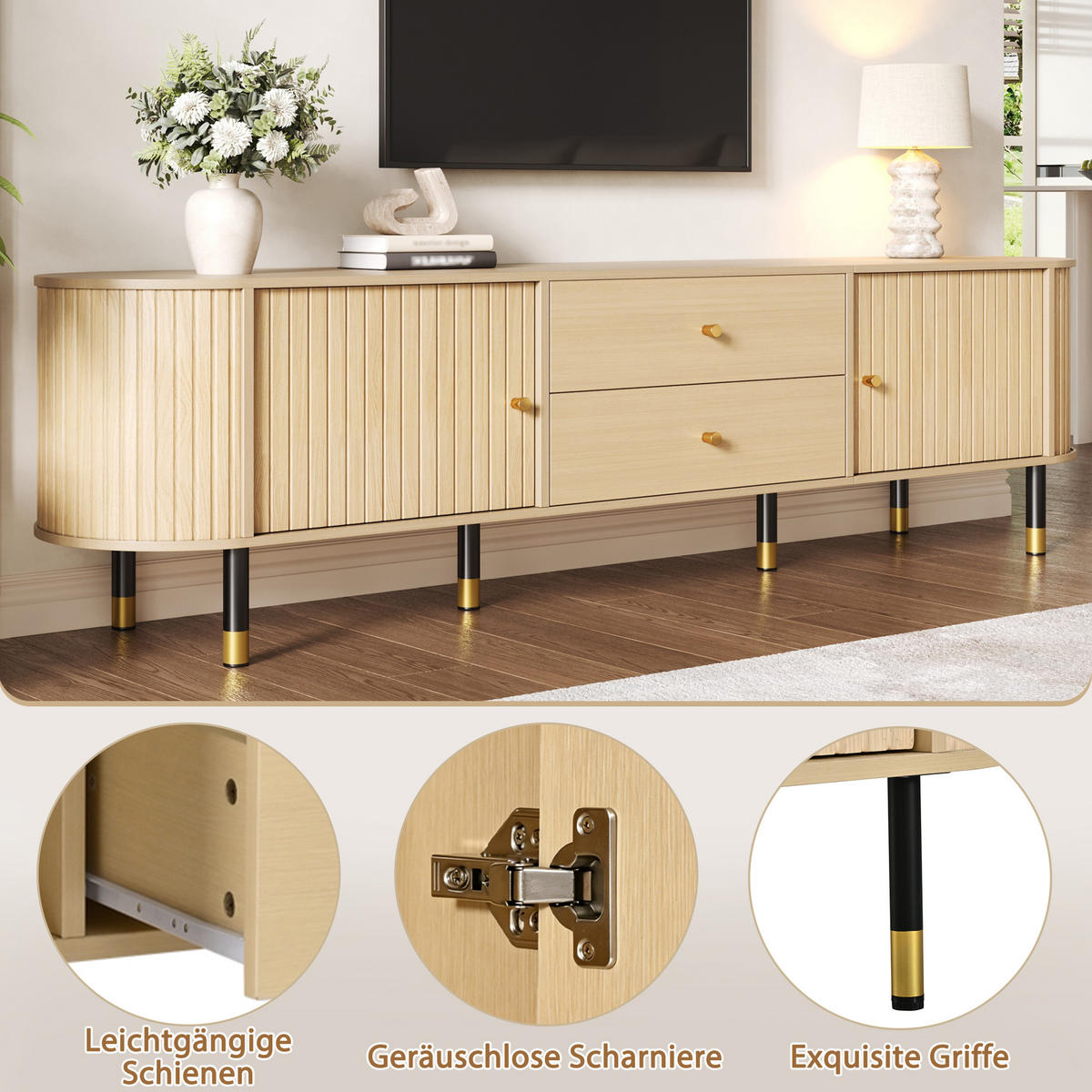 TV-LOWBOARD 180x40x58cm Holzoptik, Schiebetüren, 2 Schubl. - Naturfarben, Holzwerkstoff (180/58/40cm) - FLIEKS