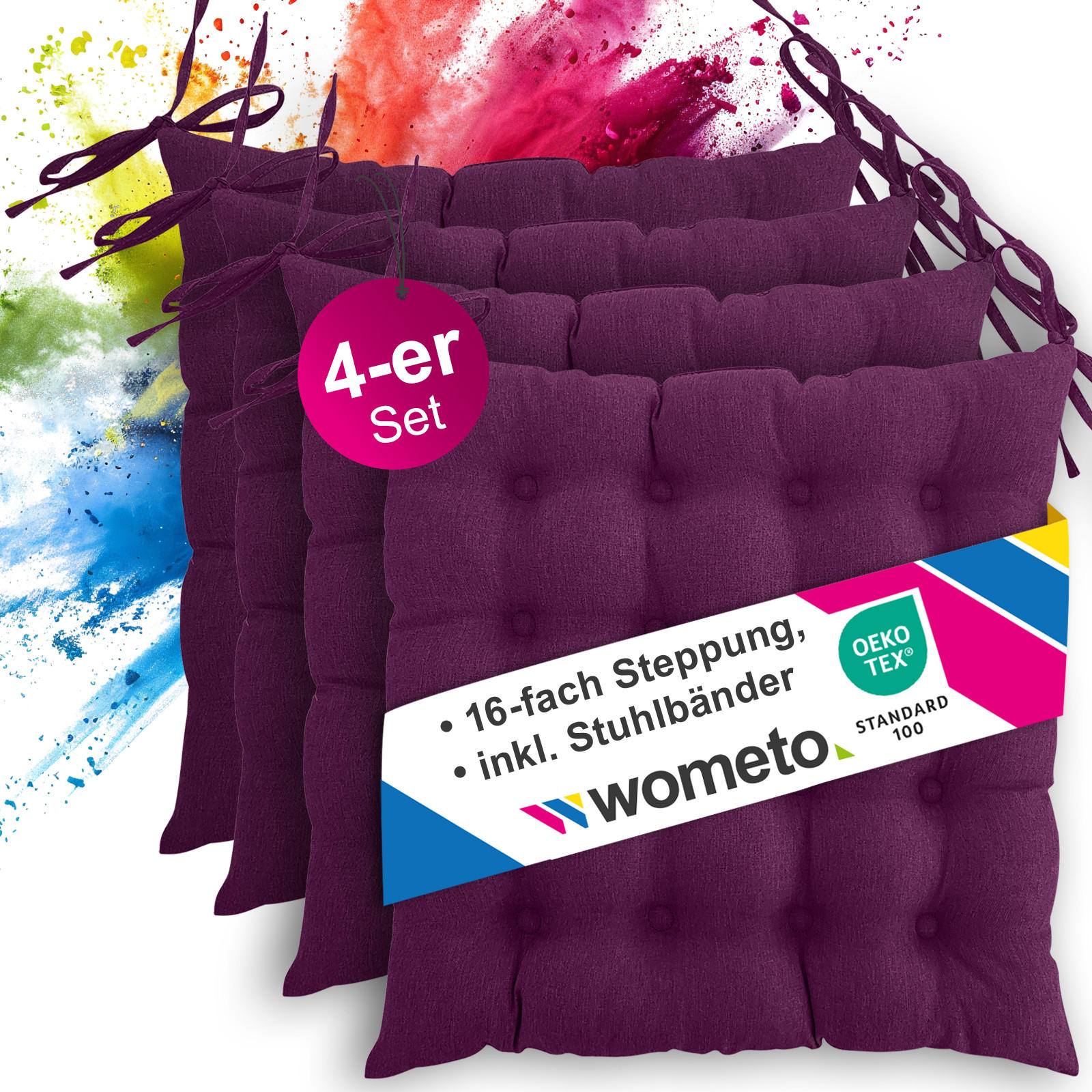 SITZKISSEN 4er Set 16-Punkt beere 40/40 cm mit Steppung und Halte-Bändern - Lila, Textil (40/40/4cm) - wometo