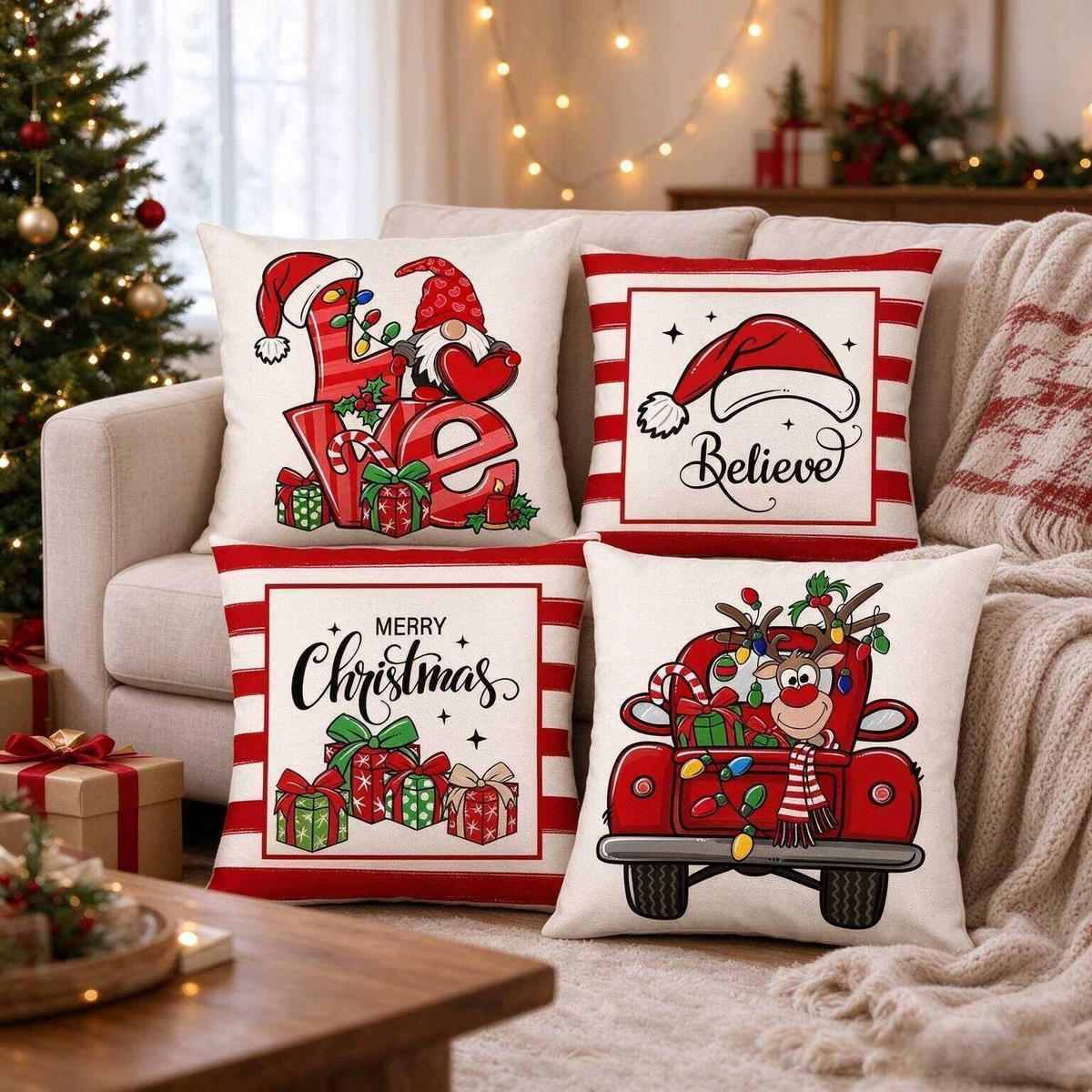 KISSENBEZUG – Weihnachtskissenbezug (Kissenfüllung nicht enthalten) – 45 x 45 cm – Multicolor(vier Stück) - Multicolor, Textil (45/45cm)