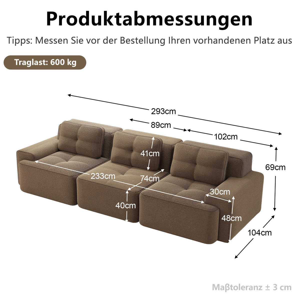 POHOVKA z manšestru hnedá s hlbokým sedákom 74 cm - hnedá, textil (104/69/293cm) - Flora Grace