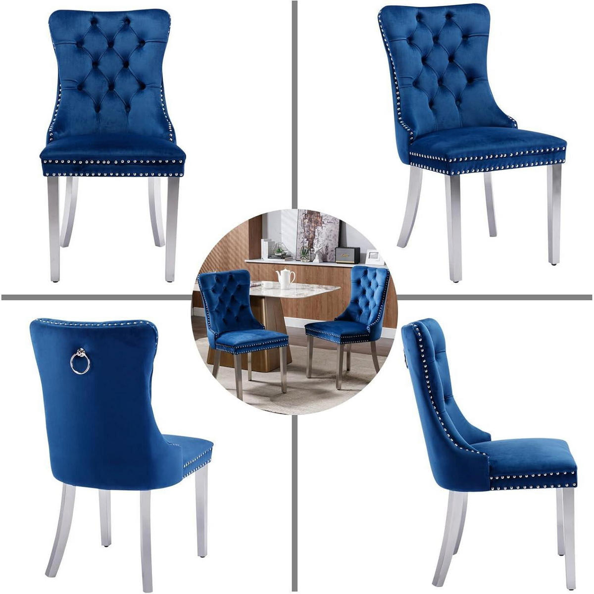 ESSZIMMERSTUHL 8er Set Samt Blau mit Edelstahlbeinen - Blau, Textil (50/95.2/62cm)