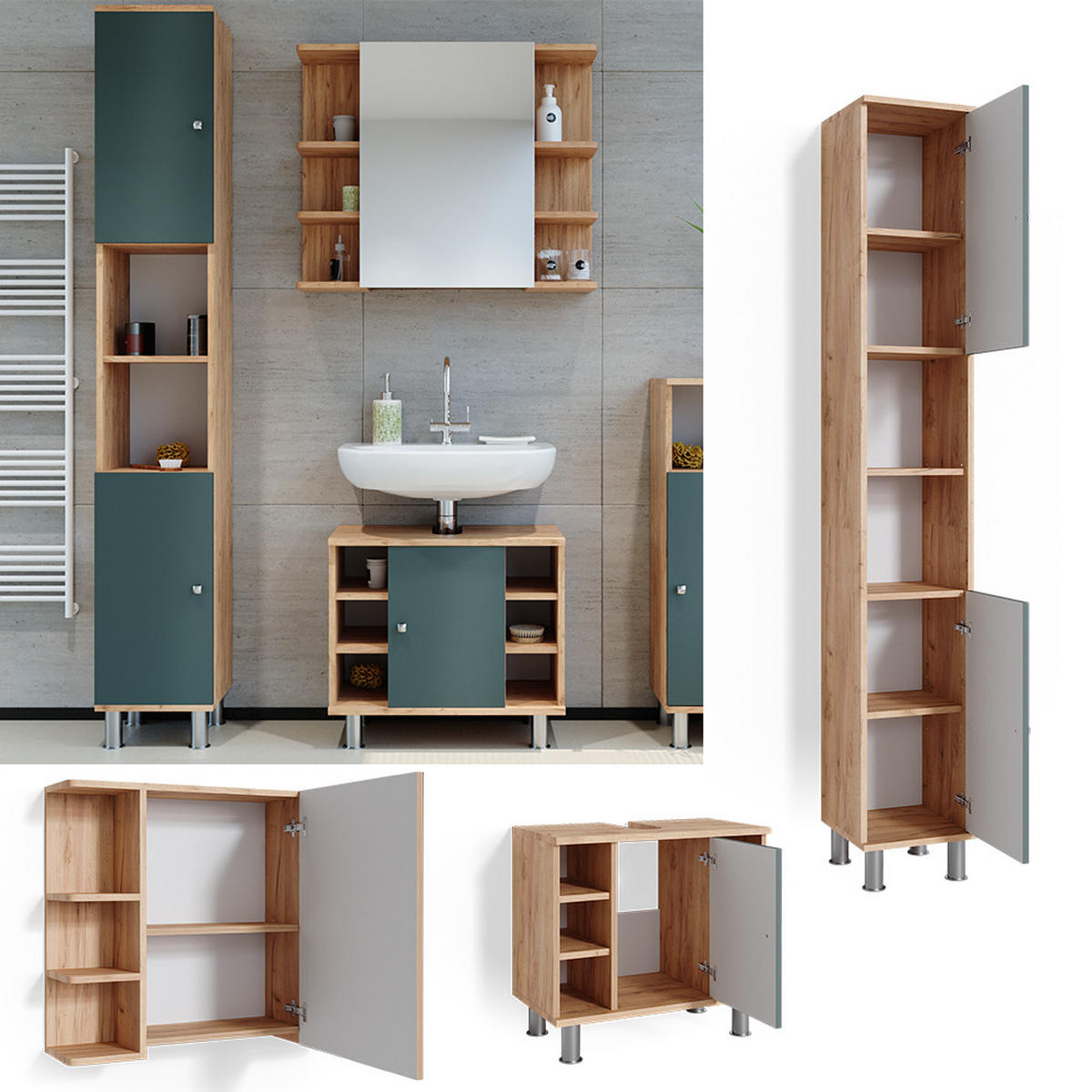 BADMÖBEL-SET Fynn Grün 3 Teile, mit Hochschrank - Honigeiche/Grün, Holzwerkstoff (60/54/32cm) - Vicco