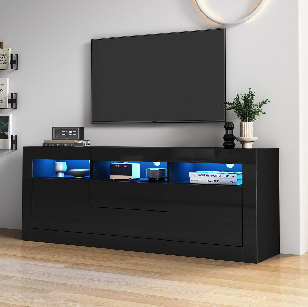 TV-SCHRANK mit LED-Beleuchtung 160 x 35 x 60 cm Hochglanz Schwarz - Schwarz, Holzwerkstoff (35/60/160cm) - Beauniv