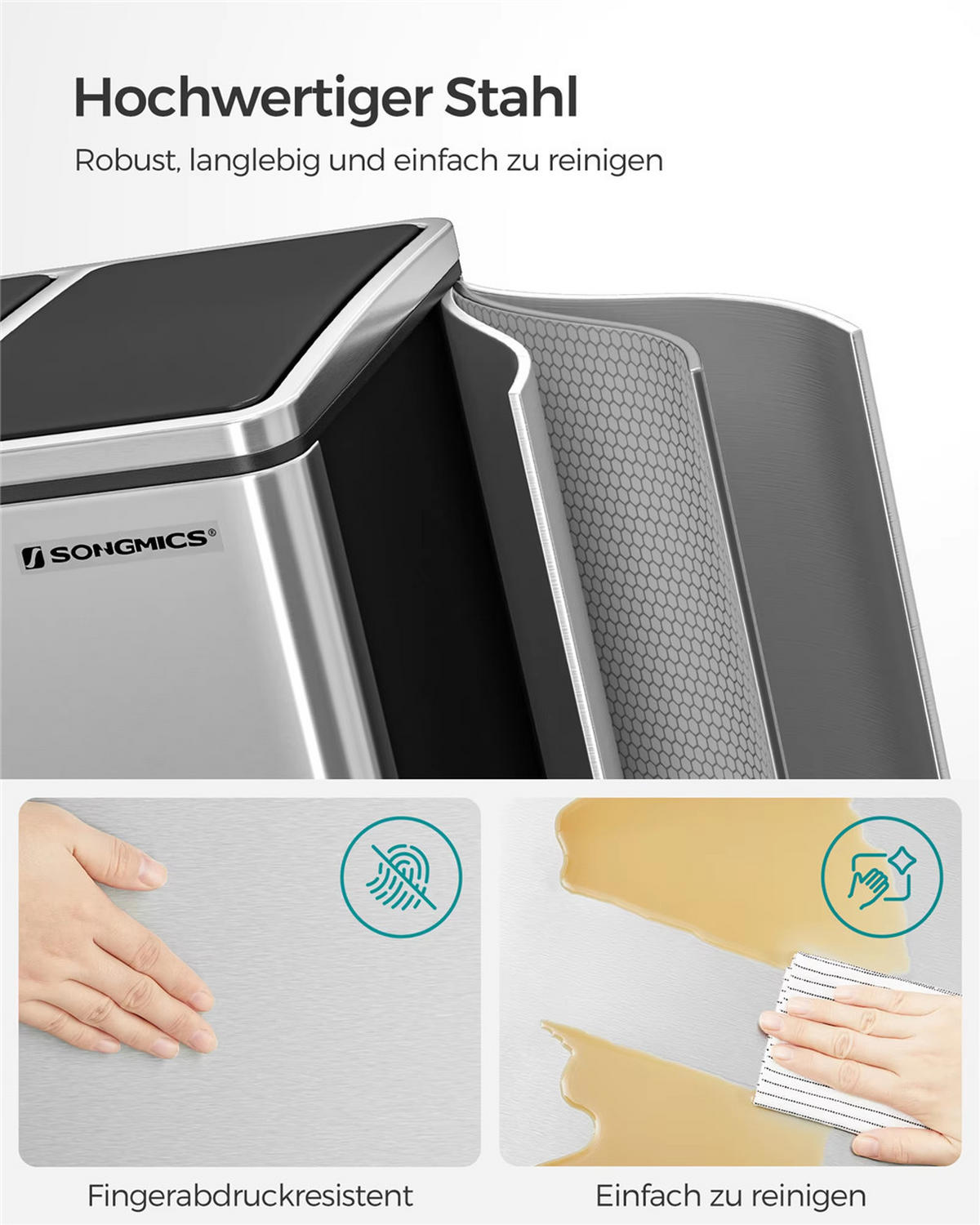 MÜLLEIMER 3x18 L Mülltrennsystem 3 Fächer ergonomisch - Silberfarben, Metall (61/84.5/31.5cm) - Kaket