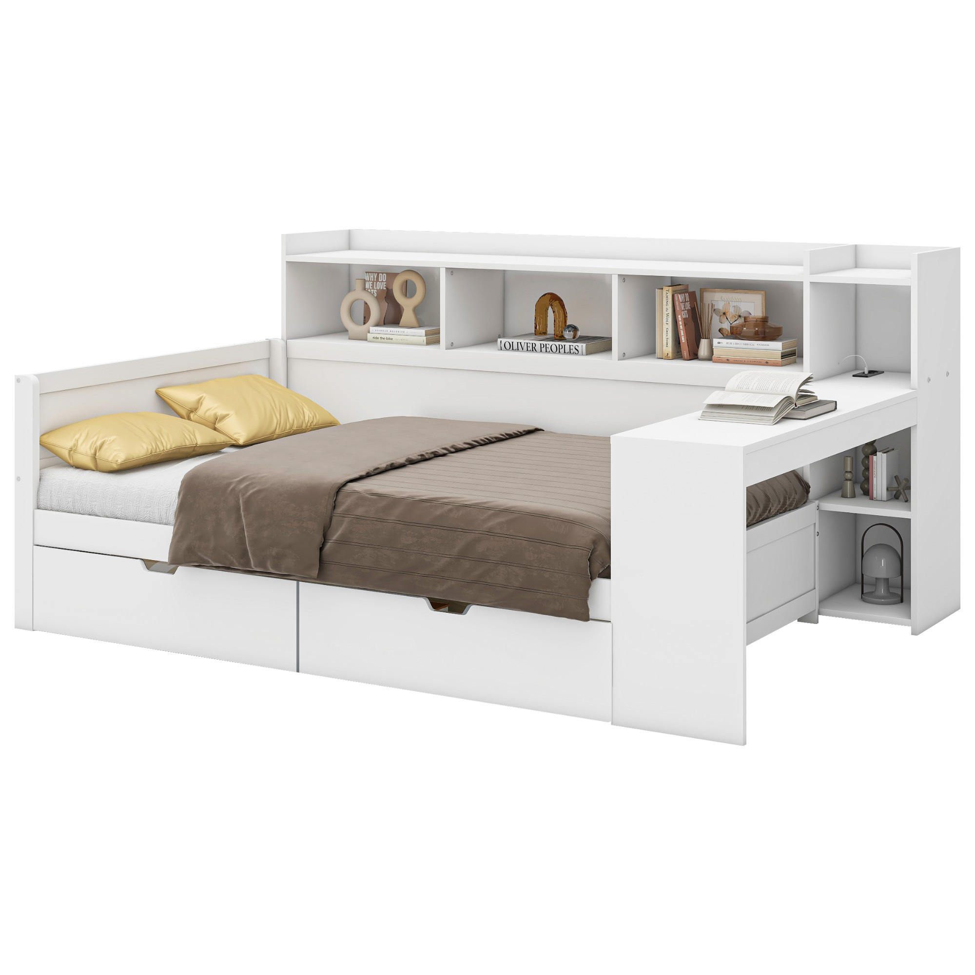 BETT 90/200 cm mit Nachttischablage und USB-Anschluss in Weiß - Weiß, Holzwerkstoff (90/200cm) - OKWISH