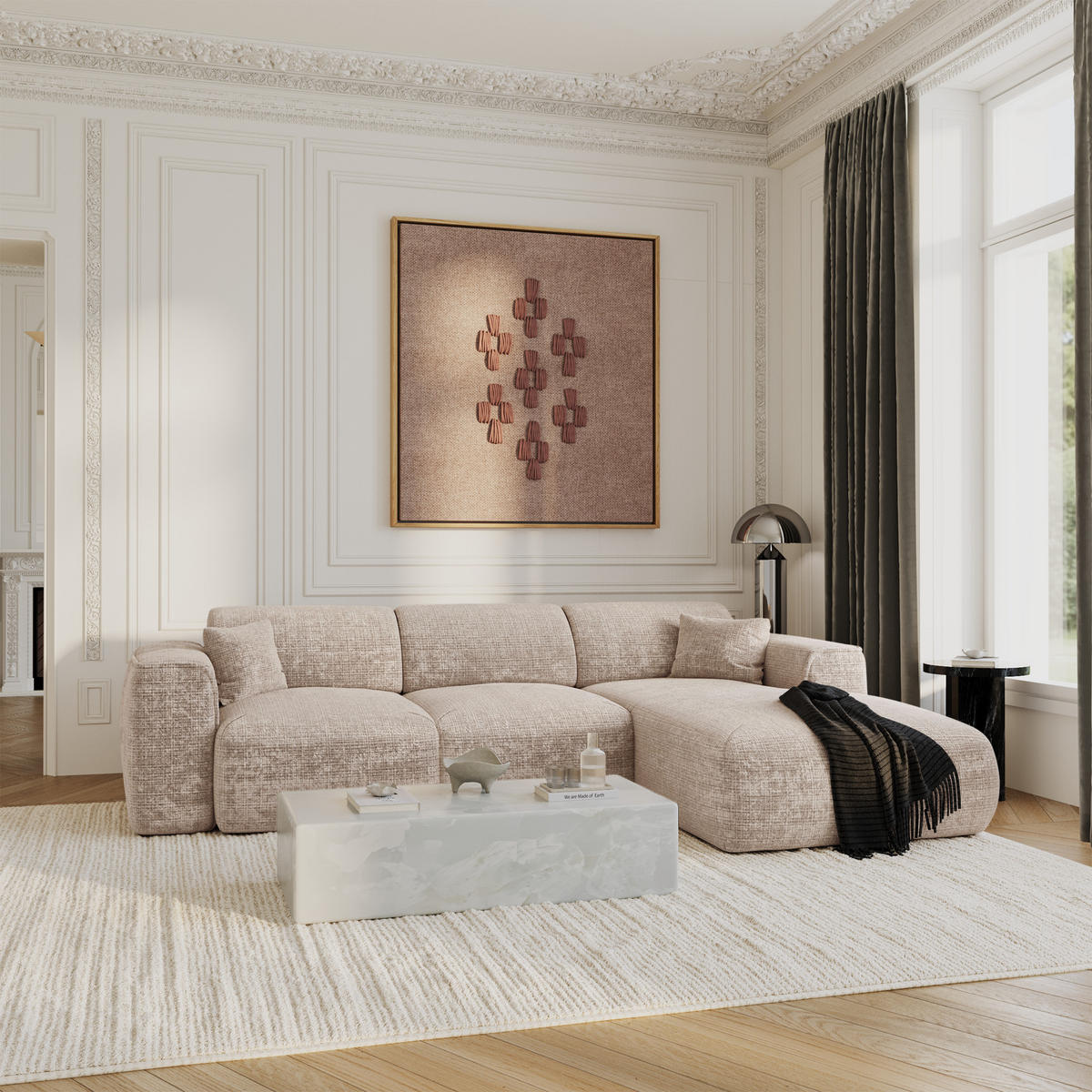 ECKSCHLAFSOFA Geprägter Samt Beige 283cm - Beige, Textil (283/180cm) - Sia Home