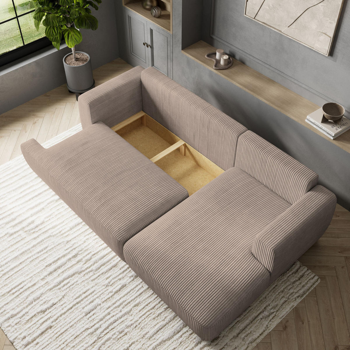 ECKSOFA SENTI P R-S Creme Kordstoff mit Schlaffunktion - Creme, Holz (246/148cm) - MASSENO